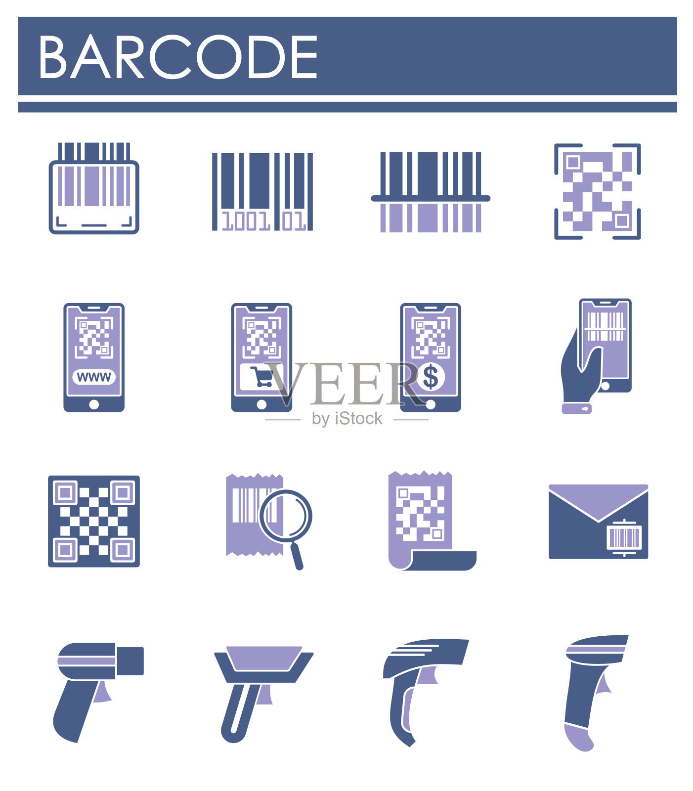 设置在图形和网页设计背景上的条码相关图标。创意插图概念符号的web或移动应用程序。插画图片素材