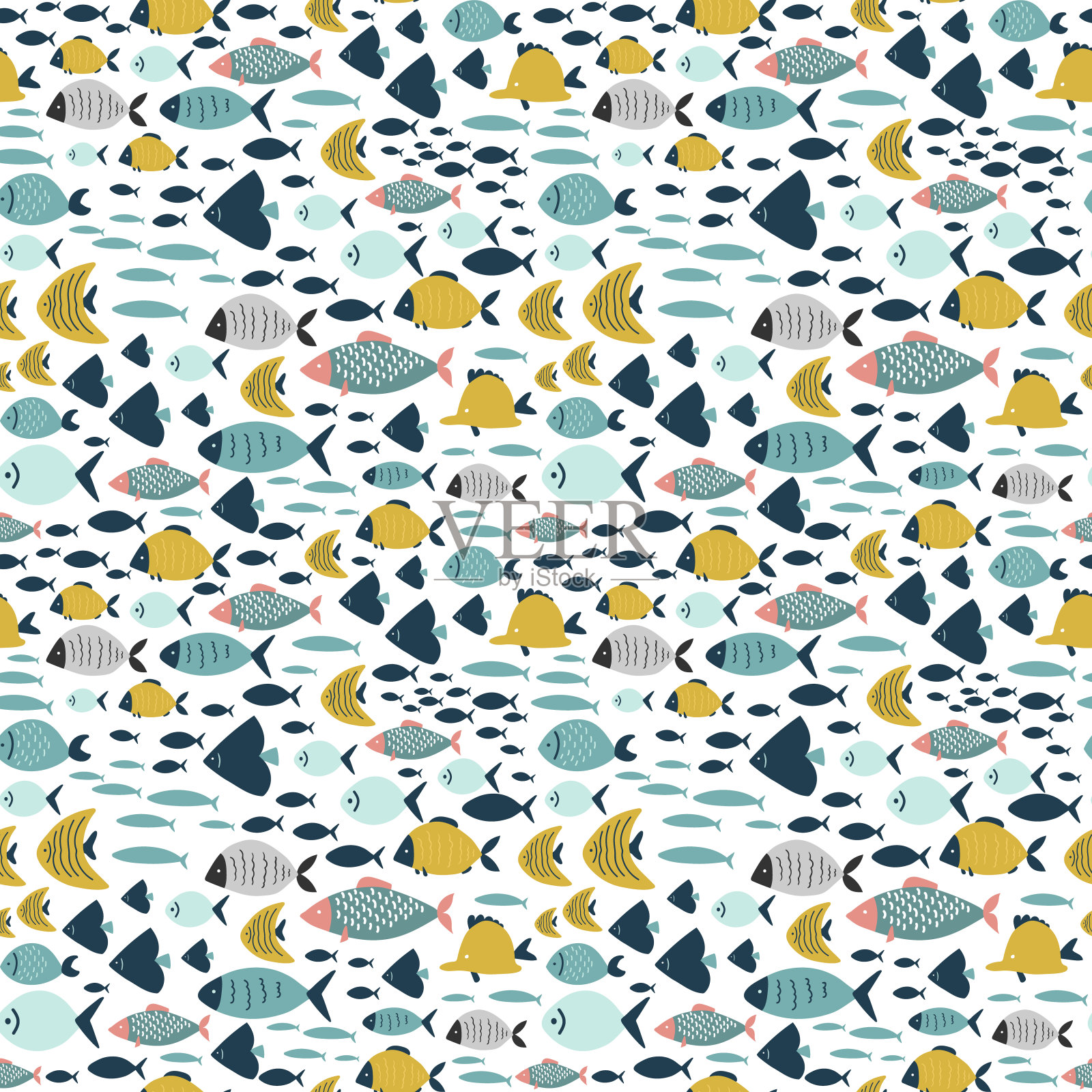多种不同的珍奇鱼类，海洋无缝图案，卡通矢量插图插画图片素材