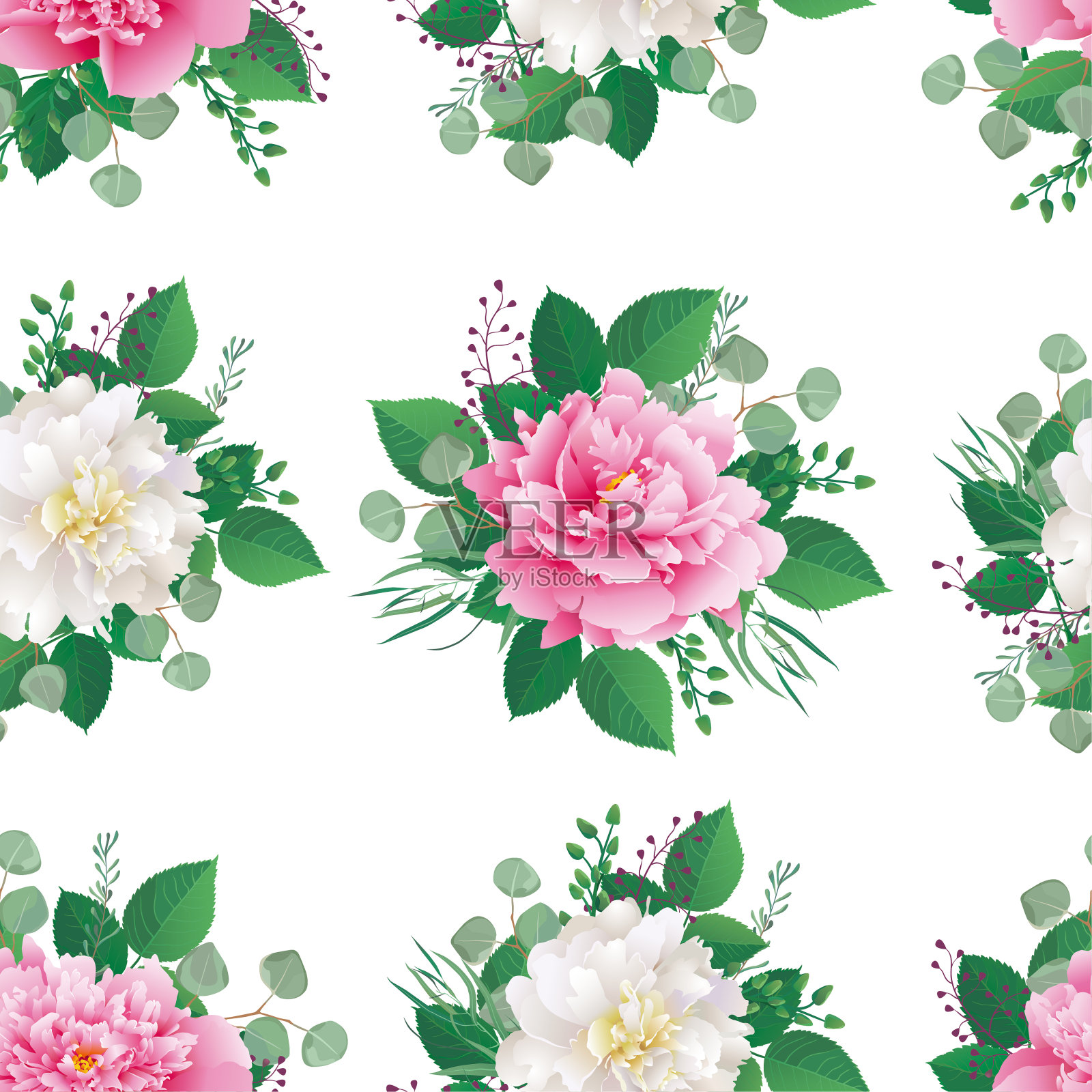 白粉色牡丹无缝花卉图案。网页、婚礼请柬、预留日期卡背景。花卉矢量背景。所有元素都是孤立且可编辑的插画图片素材
