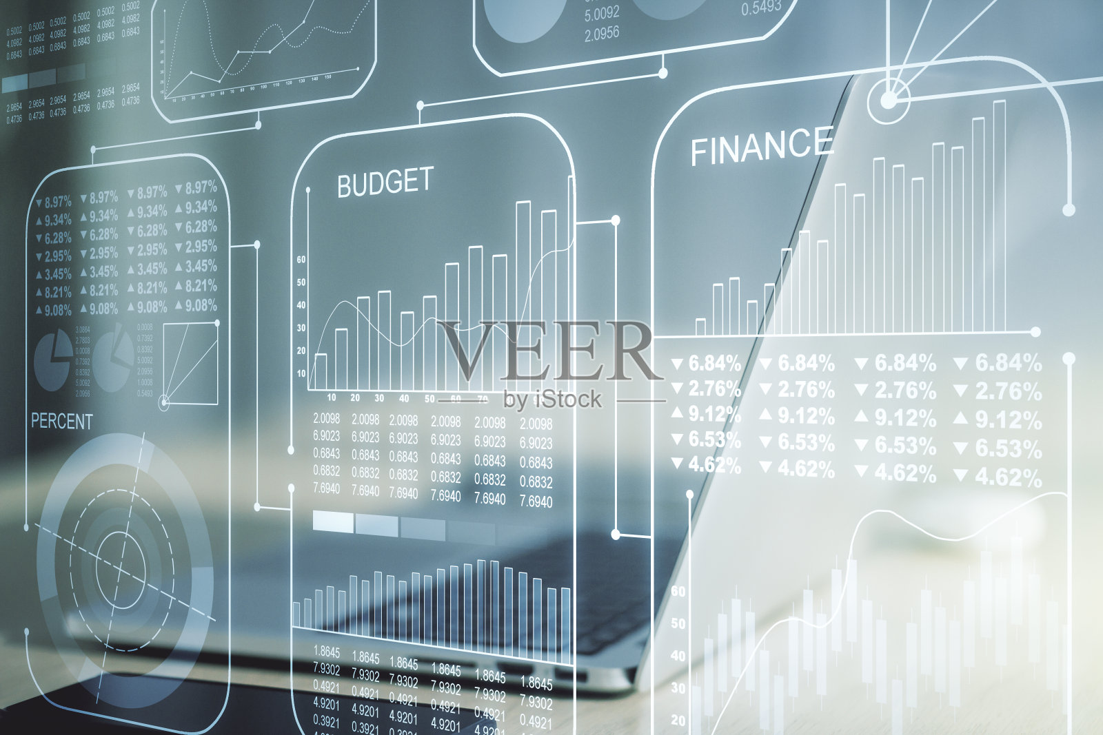 多重暴露的统计数据插图上现代笔记本电脑的背景，计算和分析的概念照片摄影图片