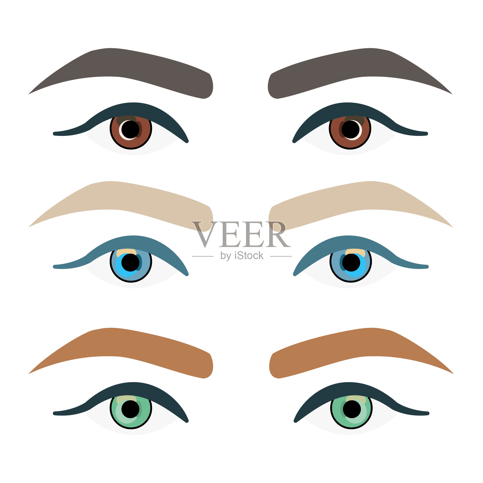 矢量组的插图美丽的女性眼睛在不同的颜色和眉毛。插画图片素材