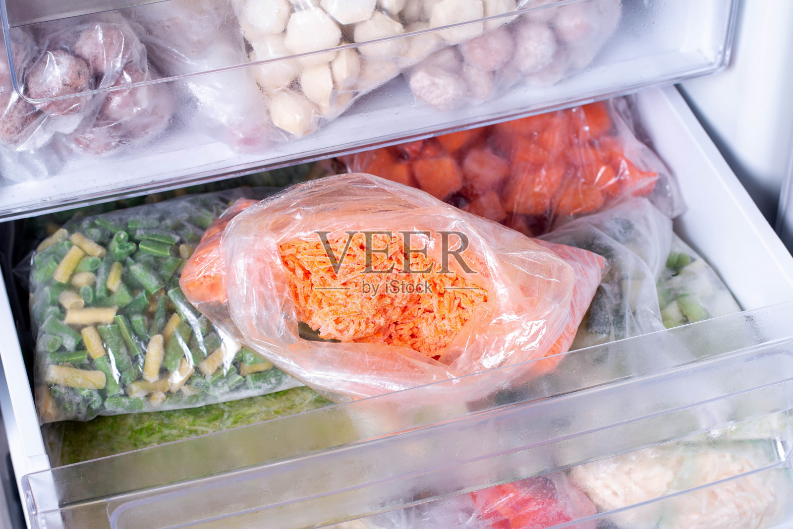 冷冻胡萝卜，冷冻蔬菜，袋装冰箱照片摄影图片