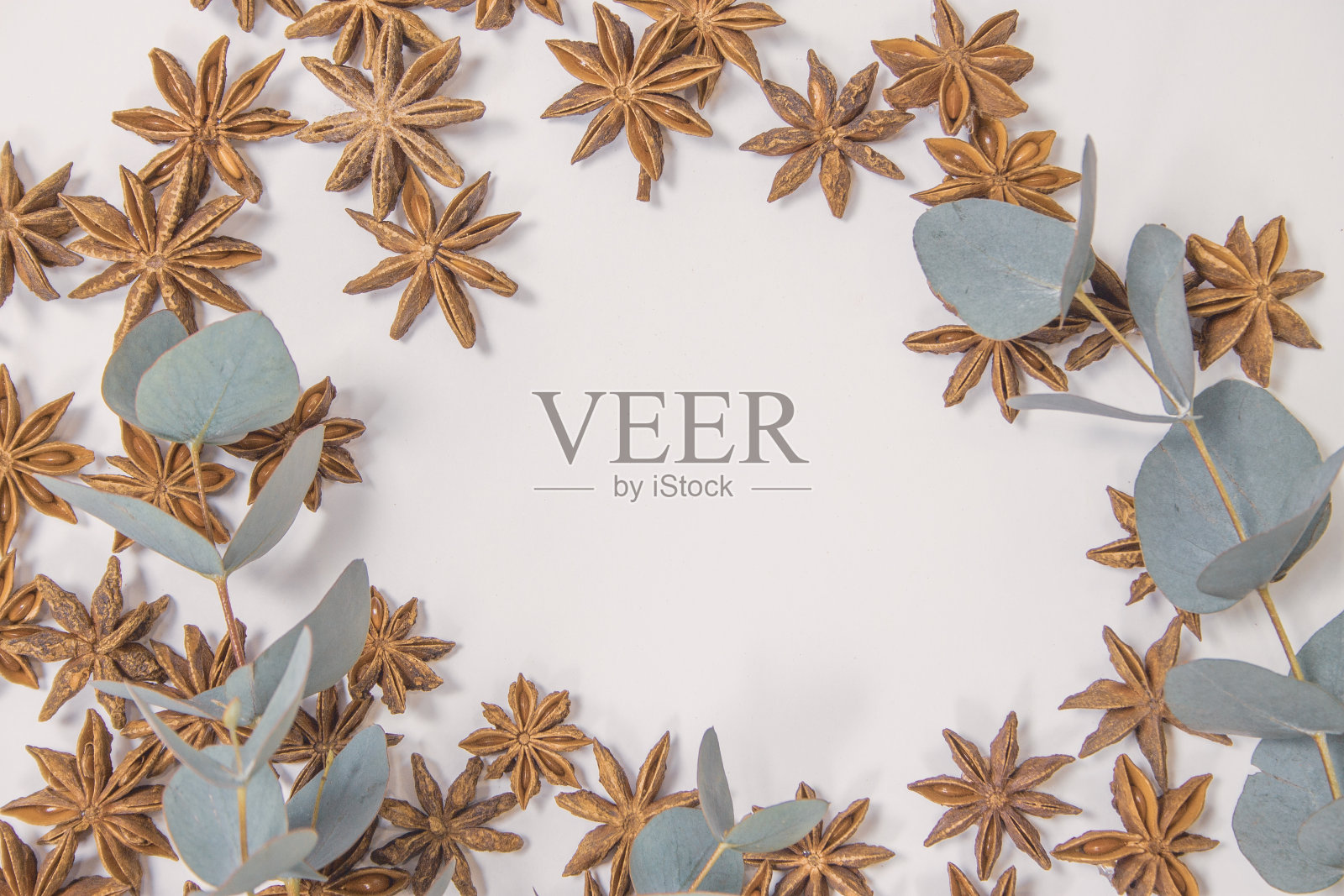 桉树和八角茴香的天然叶子放在你的文字的背景上照片摄影图片