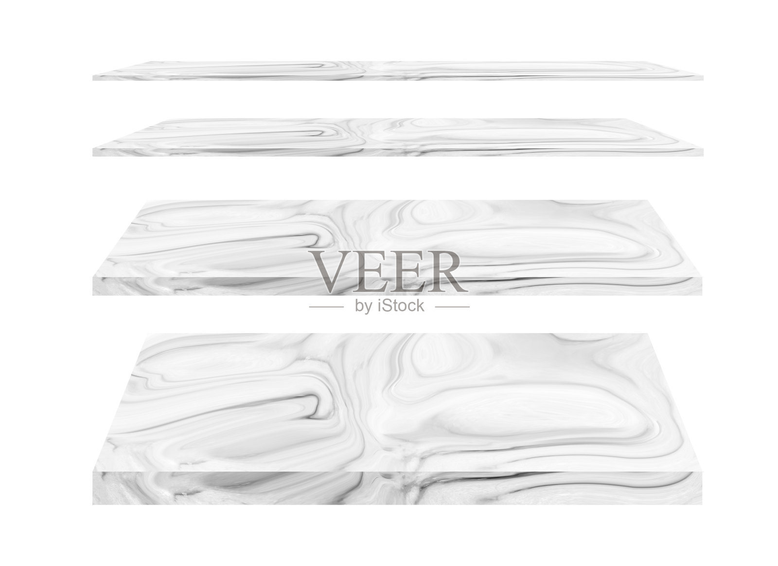 孤立的收藏空顶透视豪华白色灰色花岗岩大理石货架上的白色背景，用于显示产品广告。剪切路径。照片摄影图片