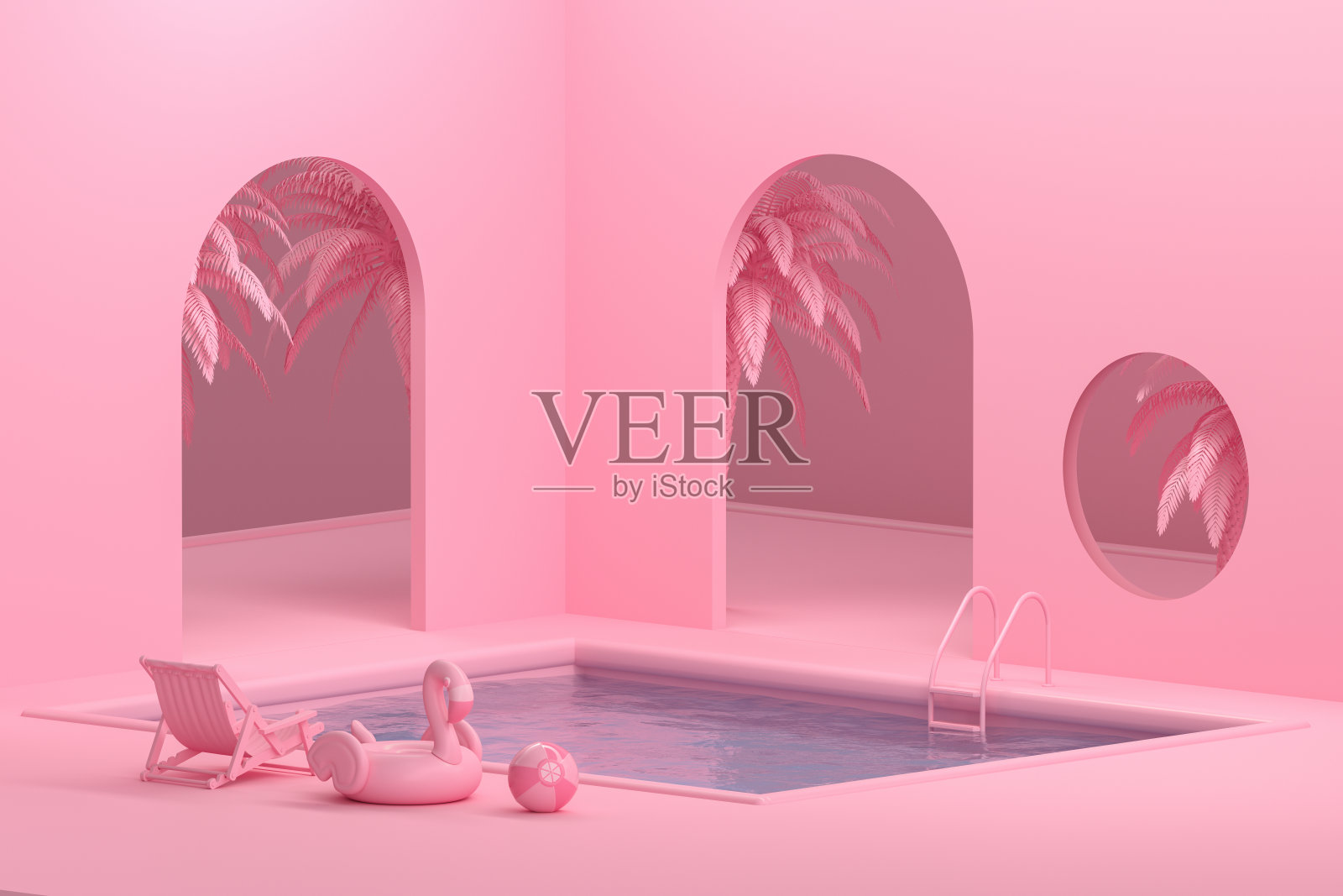 游泳池，室内，夏季概念，粉色背景照片摄影图片