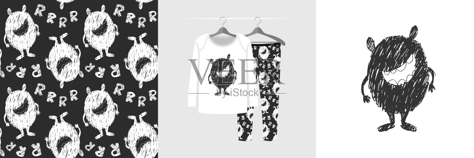 无缝模式和插图的孩子与有趣的牙齿怪物插画图片素材