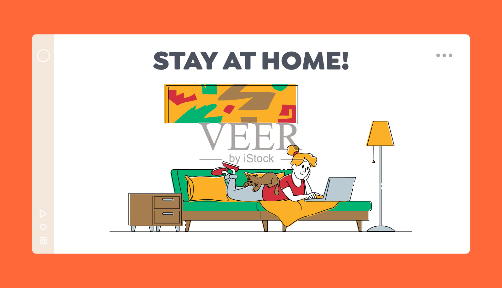 自我隔离，留在主页登陆页面模板。沙发上的女人用笔记本电脑工作，背上躺着一只猫。女性角色在网上聊天，在线观看视频。线性向量插图插画图片素材