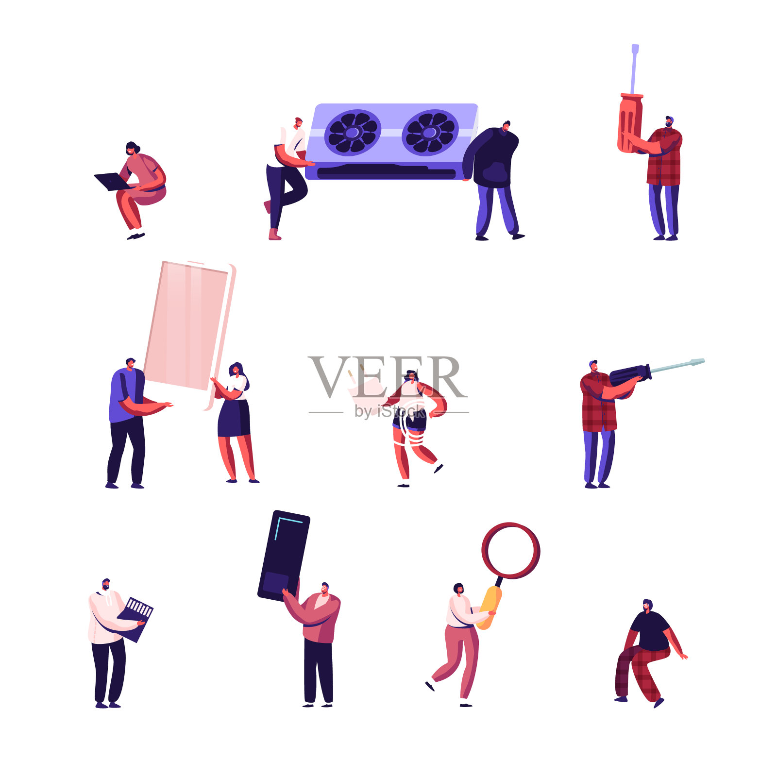 一组男性和女性角色使用和修复小工具，从电脑移除旧零件，维修和充电智能手机隔离在白色背景。卡通矢量人插图，剪辑艺术插画图片素材