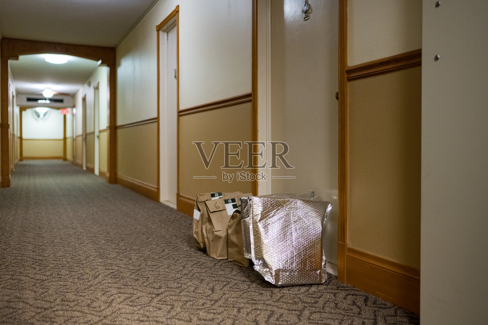 非接触式上门食品杂货寄放在门口的袋子里照片摄影图片