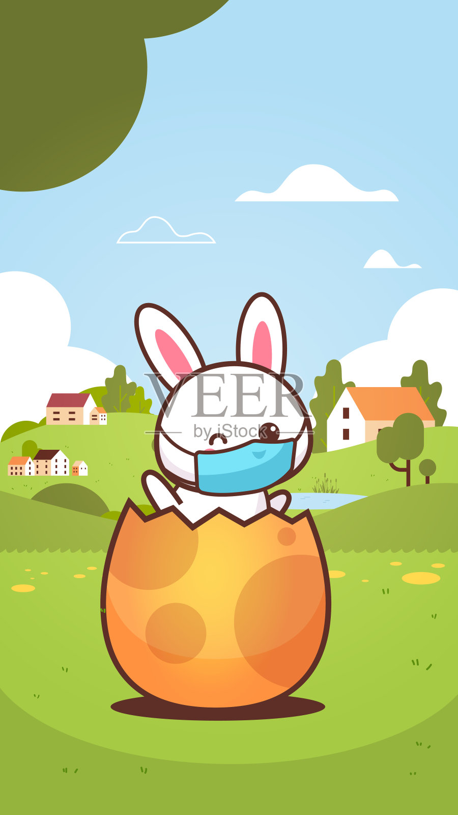 兔子戴着防冠状病毒面具坐在鸡蛋里，复活节快乐兔子贴纸插画图片素材