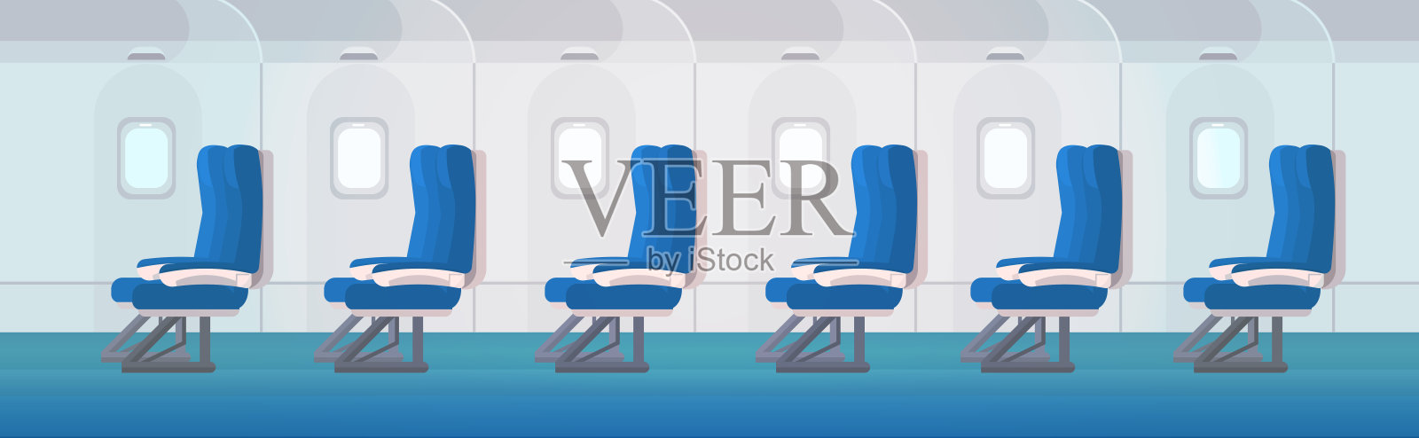 客机乘客座位排与舷窗空空如也，飞机登机内部无人插画图片素材
