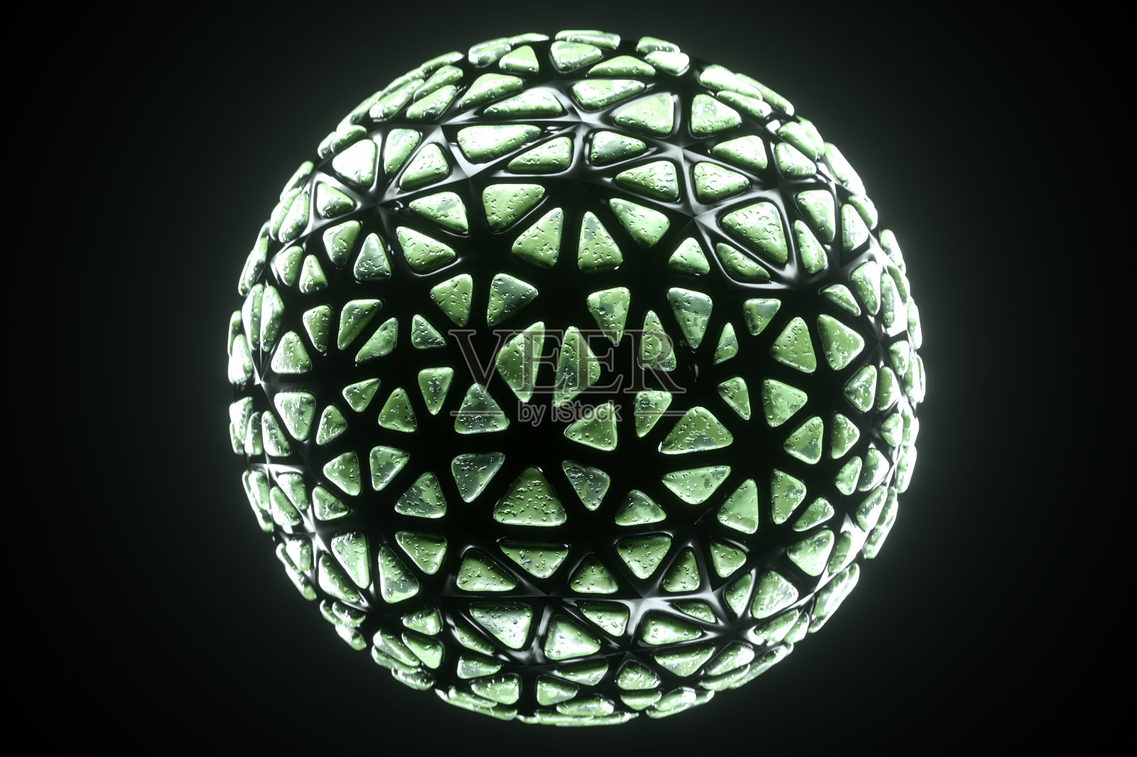 黑色抽象图形球与青苔在深色背景上，有机结构，现代图形设计。3D渲染，3D插图。副本的空间。照片摄影图片