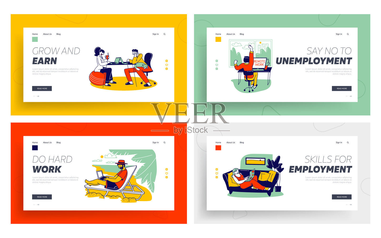 自由职业者职业登陆页面模板集。放松的自由职业者角色在笔记本电脑和Pc远程工作，从家，度假海滩，远程工作场所。线性矢量人物插图插画图片素材