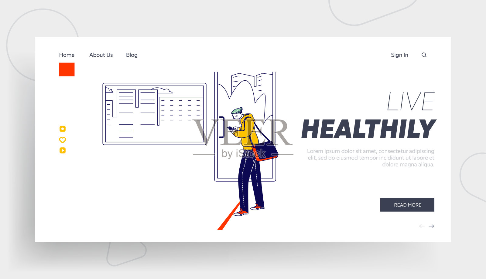 冠状病毒大流行期间的防护措施登陆页面模板。年轻人在药店或商店排队等候。人物访问公共场所。线性向量插图插画图片素材