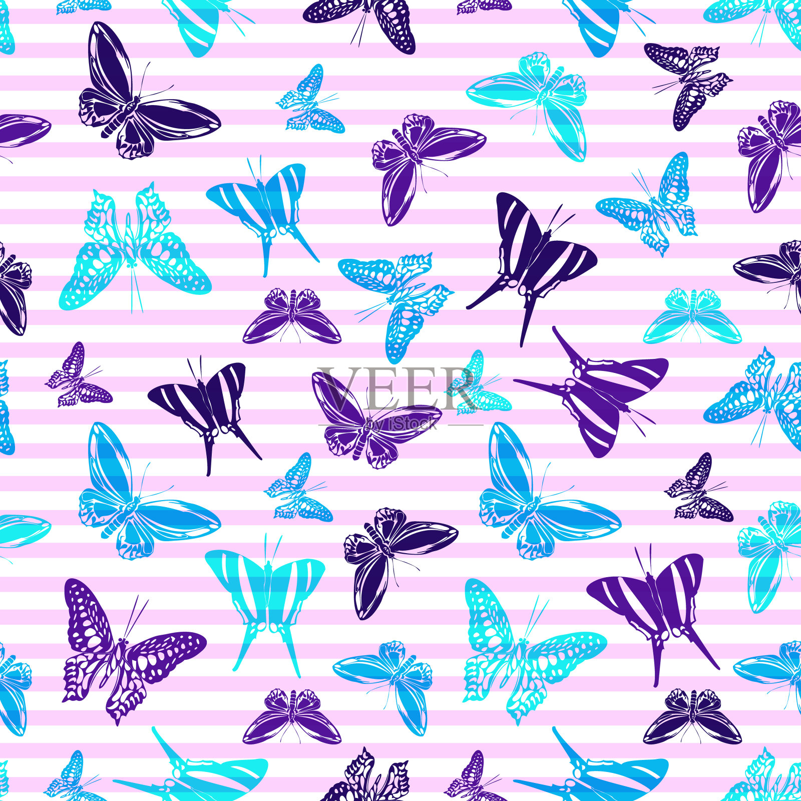 飞蝴蝶的轮廓在条纹背景矢量无缝图案。插画图片素材