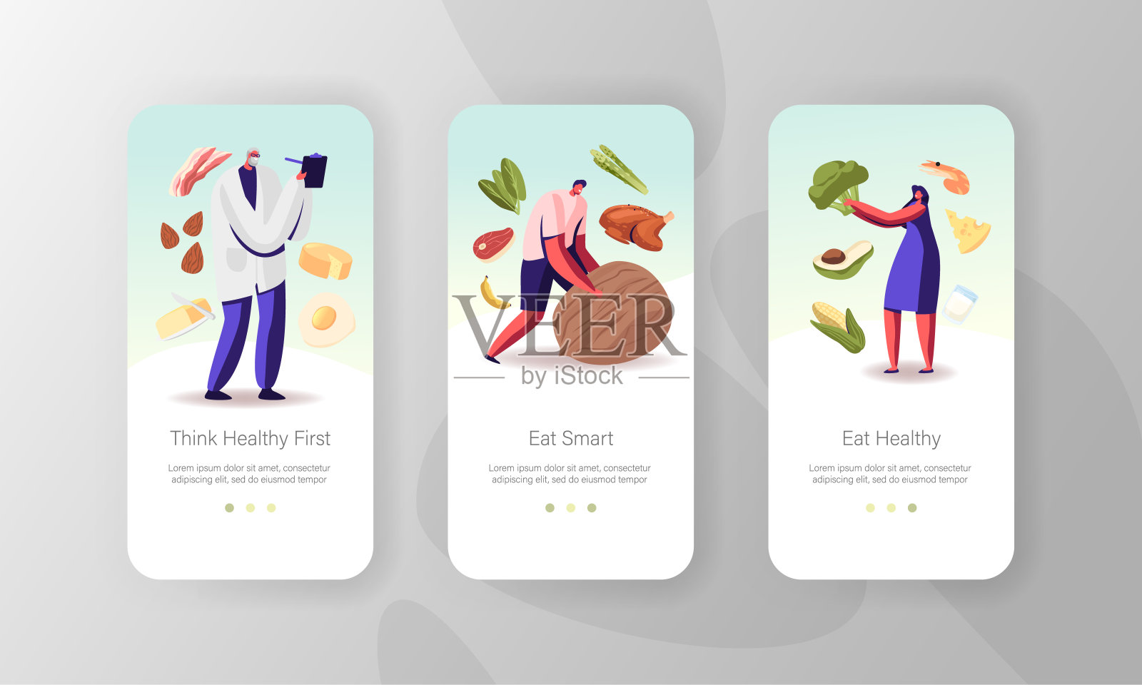 饮食，健康的生活方式，有机食物选择手机应用页面板载屏幕模板。小人角色吃水果，蔬菜，奶酪和鸡蛋。素食产品概念。卡通矢量图插画图片素材