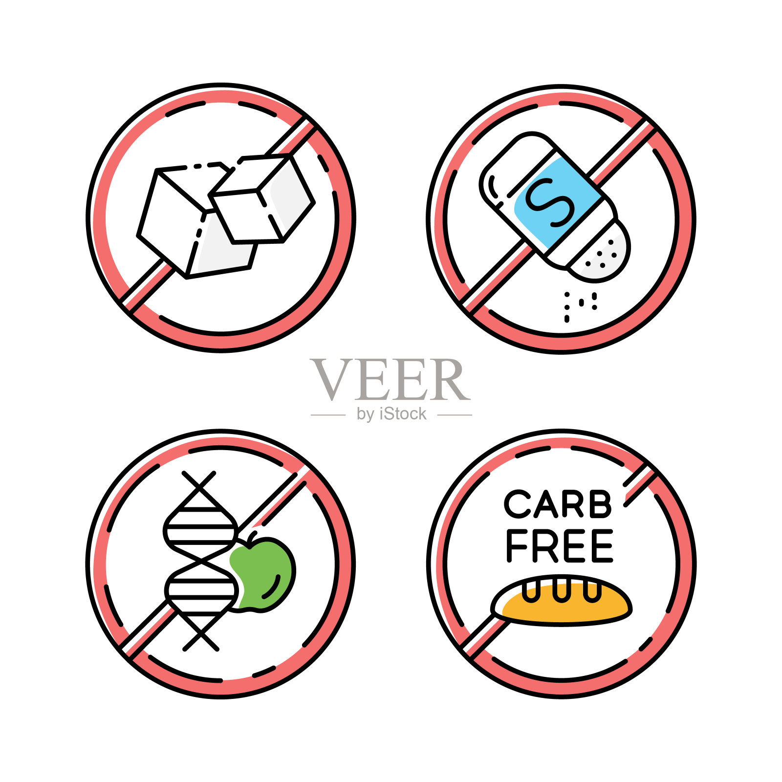 产品免费成分颜色图标集。不含糖、盐、转基因、碳水化合物。有机食品，健康饮食。不含过敏原和甜味剂的饮食。平衡膳食。孤立的矢量插图图标素材
