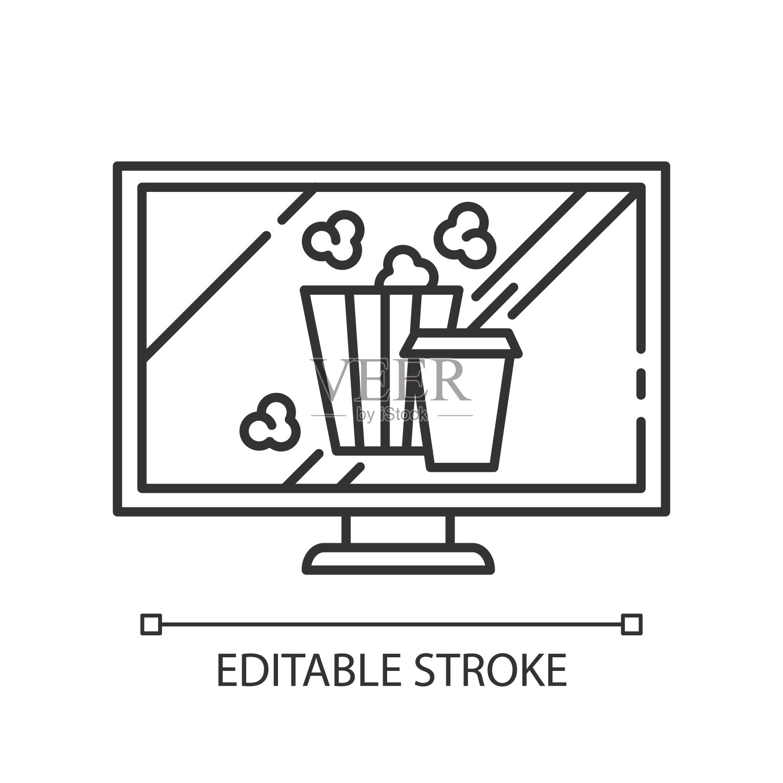 电影和电视线性图标。看电影,电视。爆米花、饮料。电子商务部门类别。细线说明。轮廓的象征。矢量孤立轮廓绘制。可编辑的中风插画图片素材