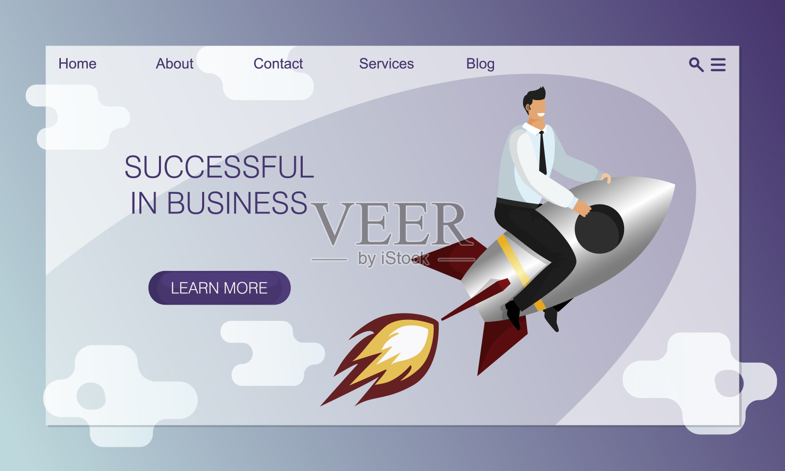 商业场所的概念。打着领带，穿着长裤和白衬衫的商人骑着火箭飞向天空插画图片素材