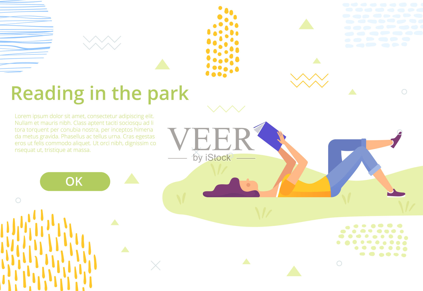 网页设计模板。女孩在公园的草坪上看书。读书与自然和谐相处。插画图片素材