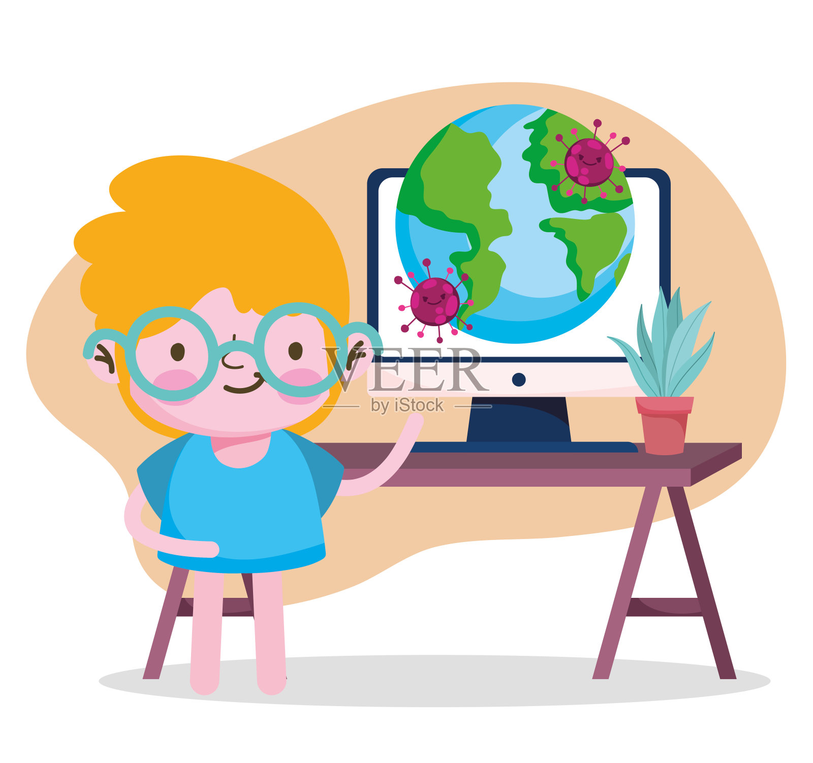 教育在线，学生男孩电脑世界流行冠状病毒插画图片素材