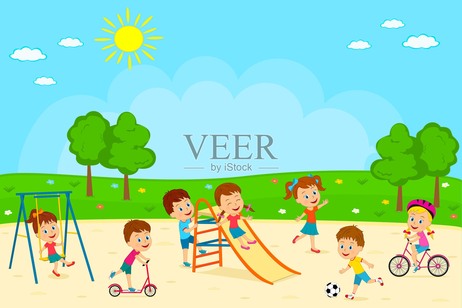 男孩和女孩在操场上玩插画图片素材