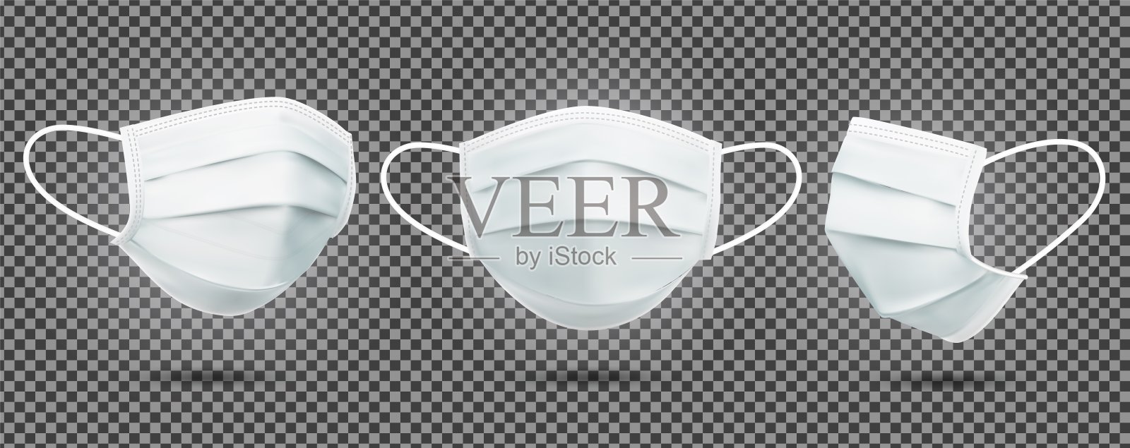 逼真的一套医疗面具-模板。从不同角度保护冠状病毒、感染和污染的空气。矢量插图。孤立在透明背景上。插画图片素材