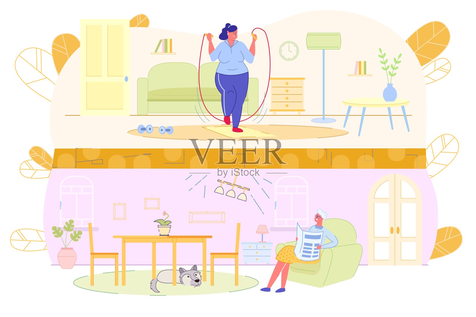 超重的女孩在公寓里喜欢运动。插画图片素材