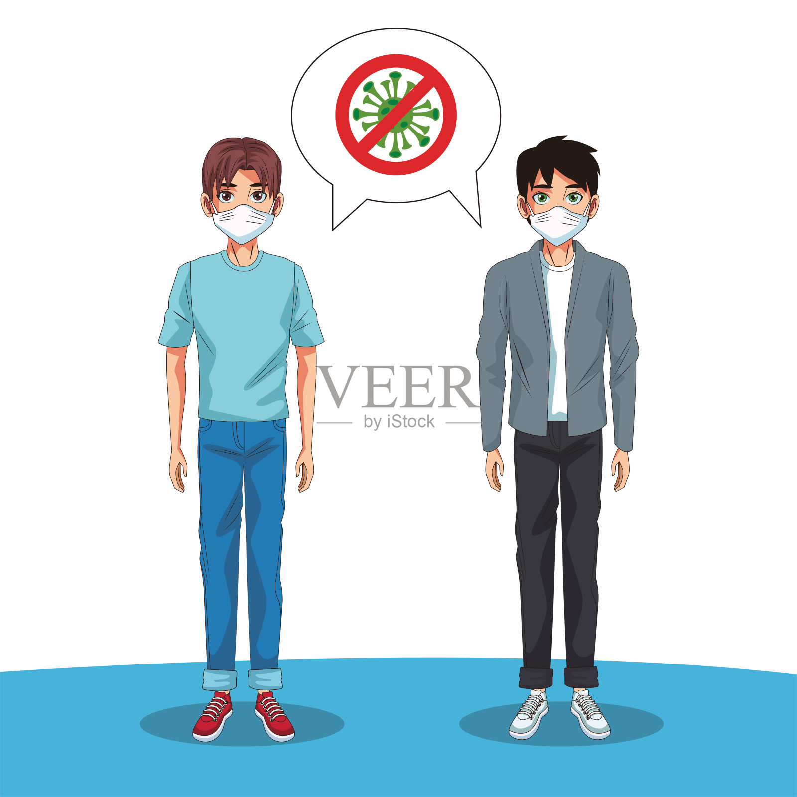 男子戴口罩并阻止2019冠状病毒病信号插画图片素材