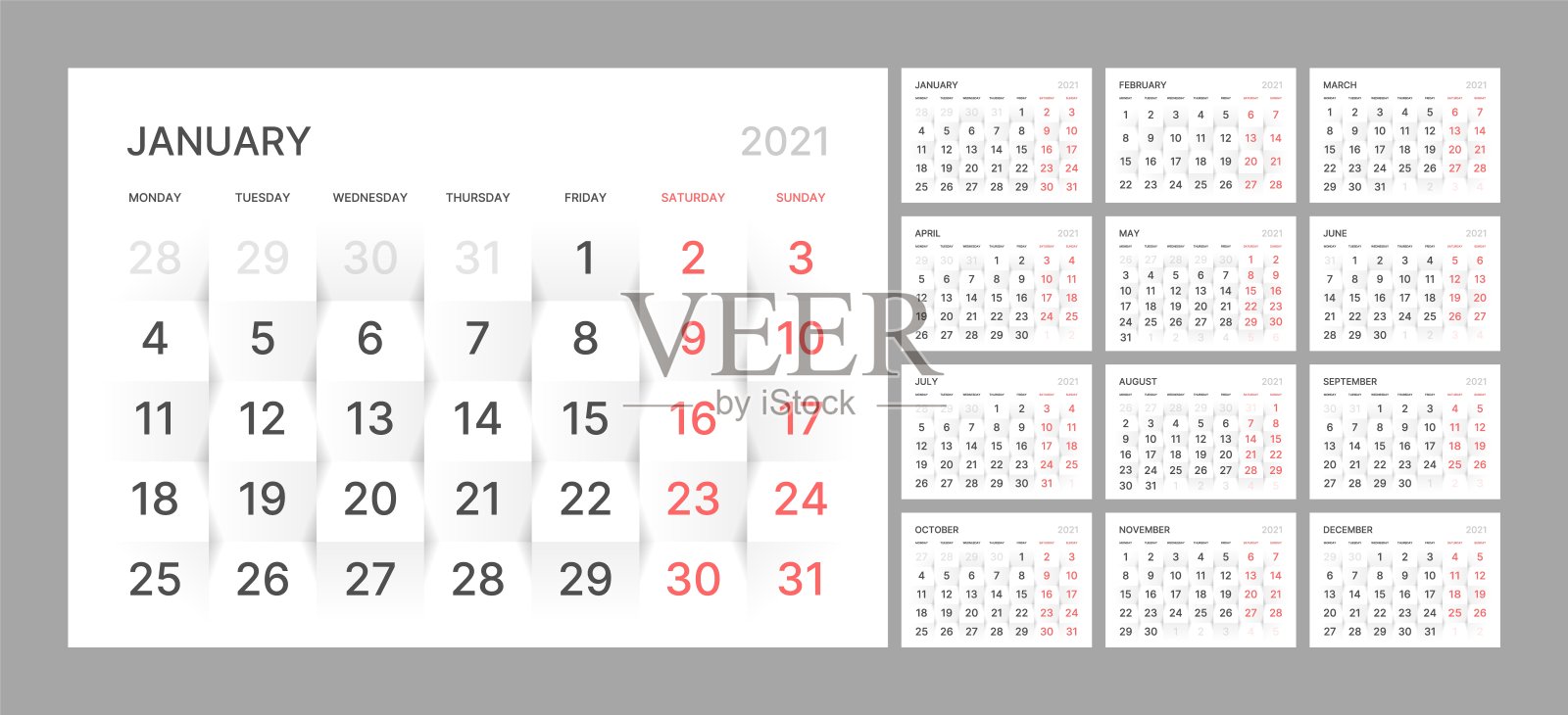 墙壁季度日历模板为2021年在干净的最小风格。一周从星期一开始。设计模板素材