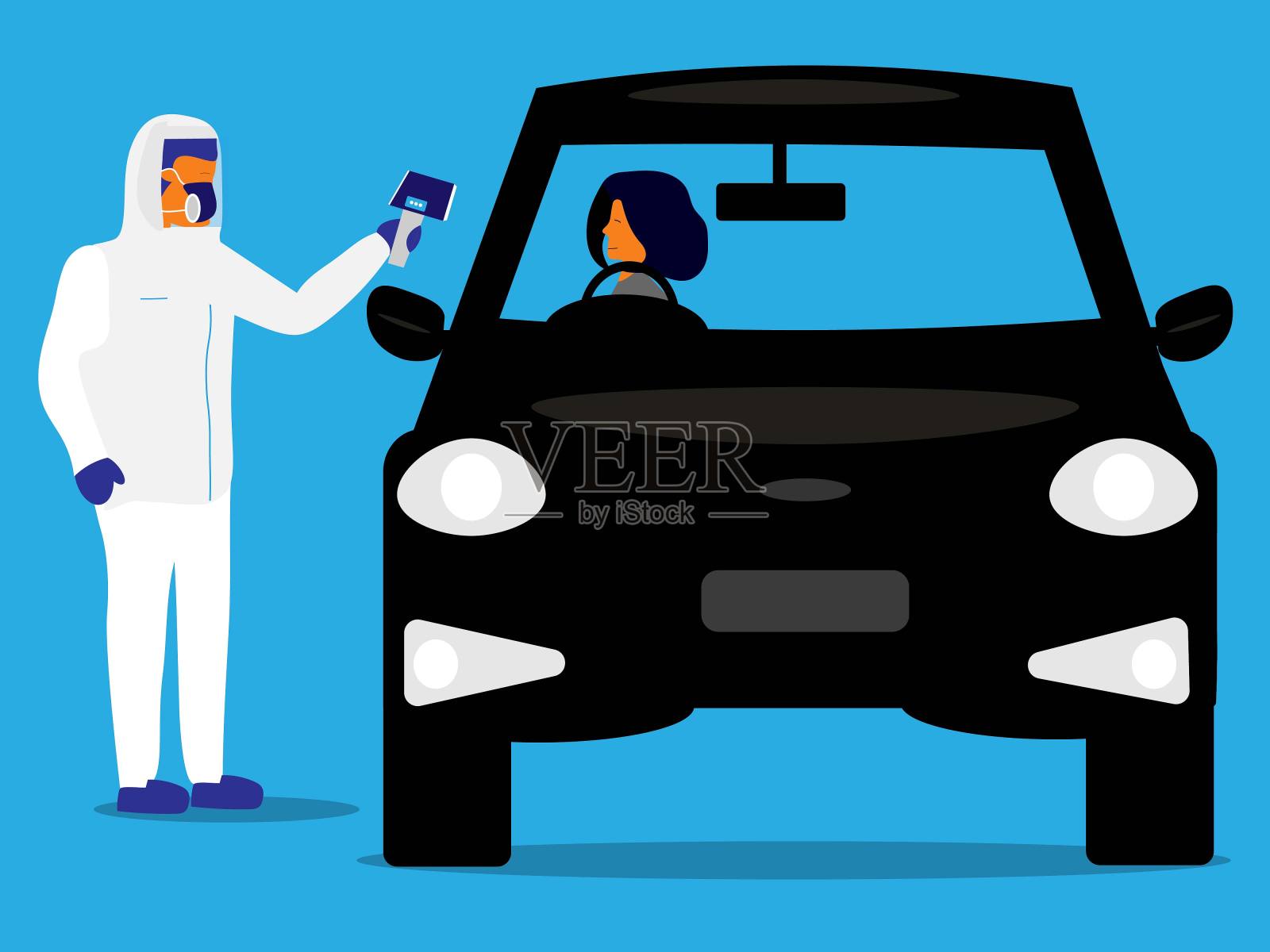 急救人员在一个免下车测试设施为司机测体温。插画图片素材