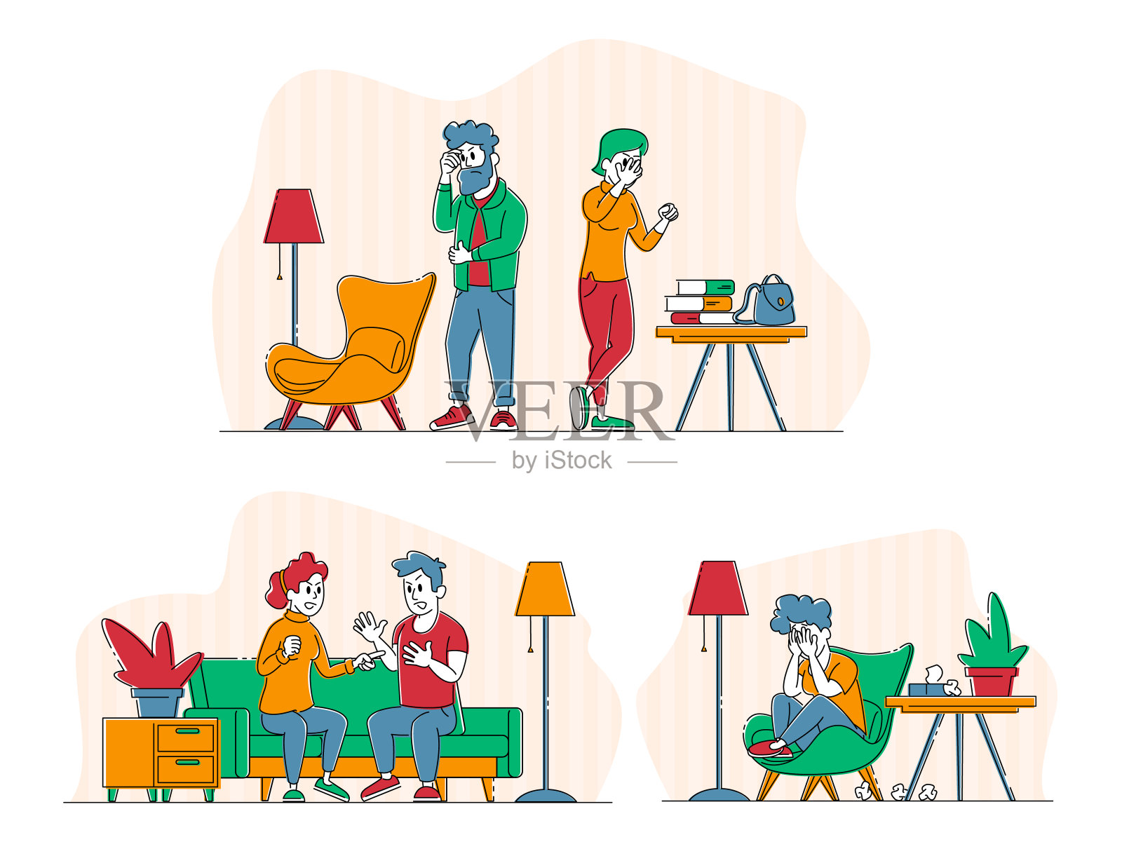 夫妻吵架，夫妻性格丑闻，家庭关系。家庭暴力和配偶虐待。年轻人在家骂人，好斗的男人对女人大喊大叫。线性向量插图插画图片素材