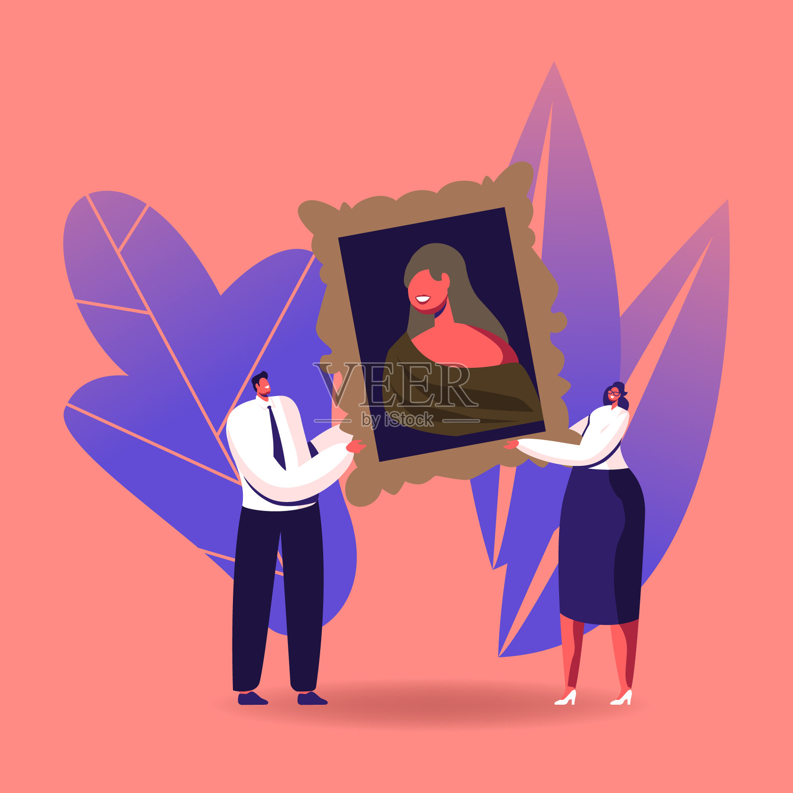 一对男女人物手握巨幅照片准备网上竞拍。男人和女人利用互联网平台销售艺术。收藏家卡通人物矢量插图插画图片素材