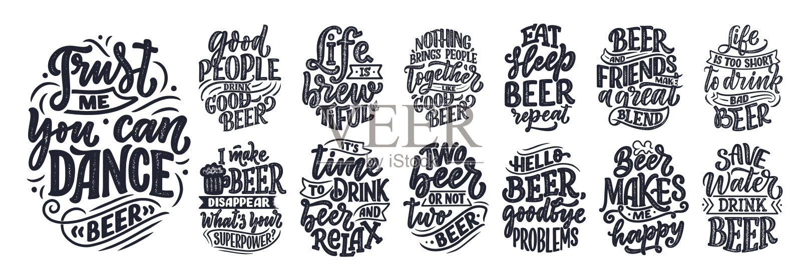 设置与字母报价啤酒在复古风格。印刷t恤的书法海报。手绘酒吧标语或酒吧菜单设计。向量插画图片素材