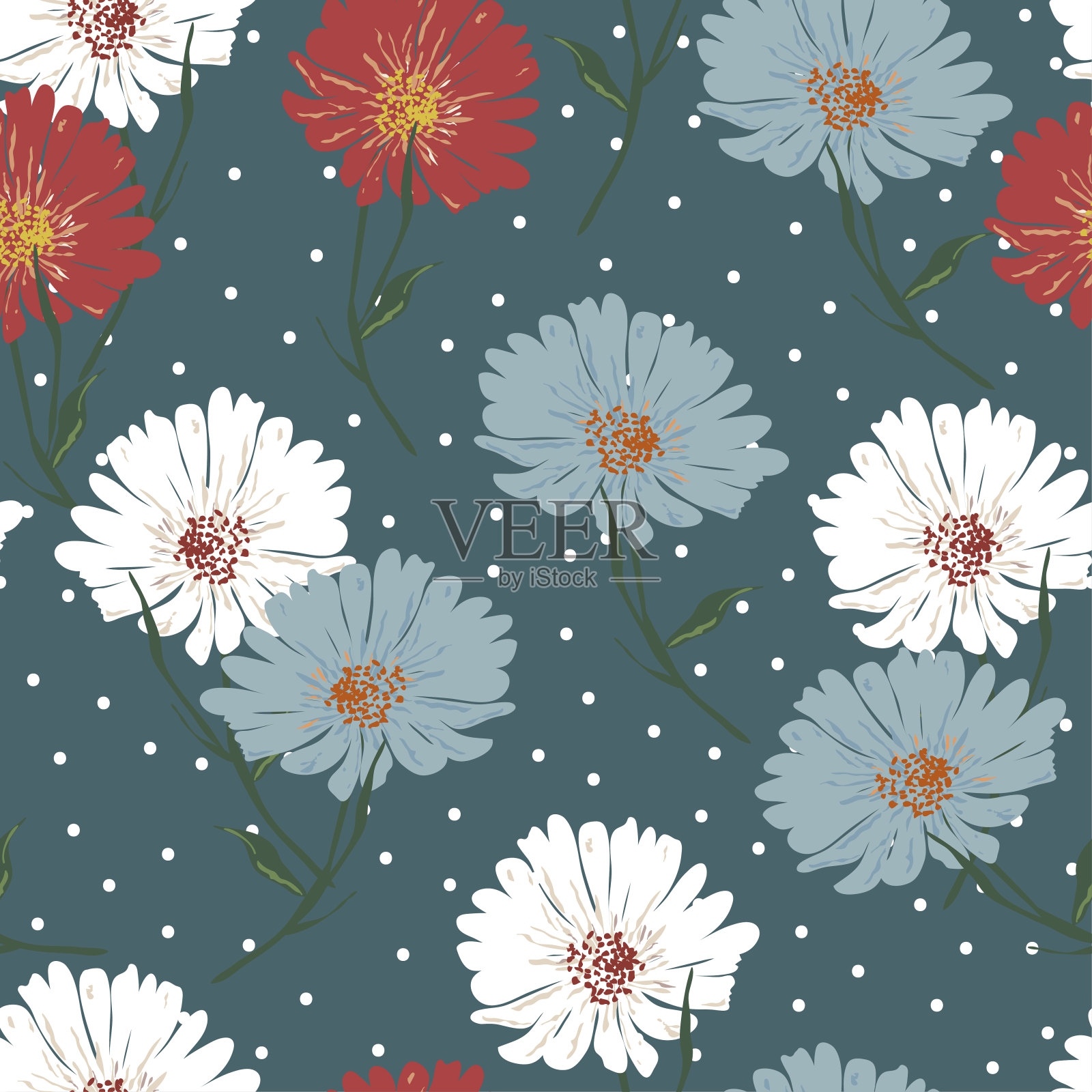 花花无缝图案与雏菊。盛开的植物图案散乱。颜色矢量纹理时尚，织物，壁纸，印花。手绘花在蓝色背景与圆点插画图片素材