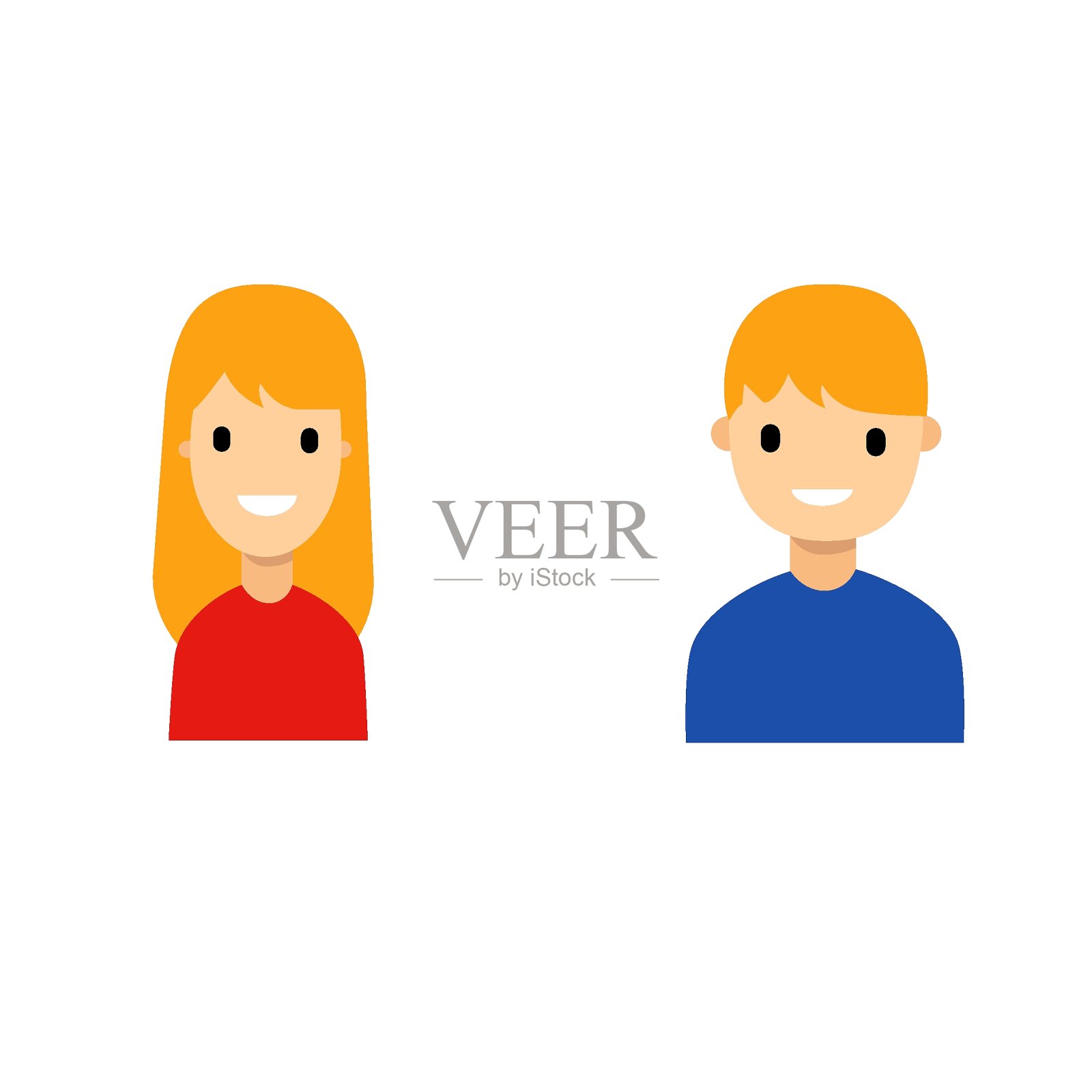 设定两个字符的男孩女孩的学龄青少年与红头发微笑的表情在脸上。卡通风格插画图片素材