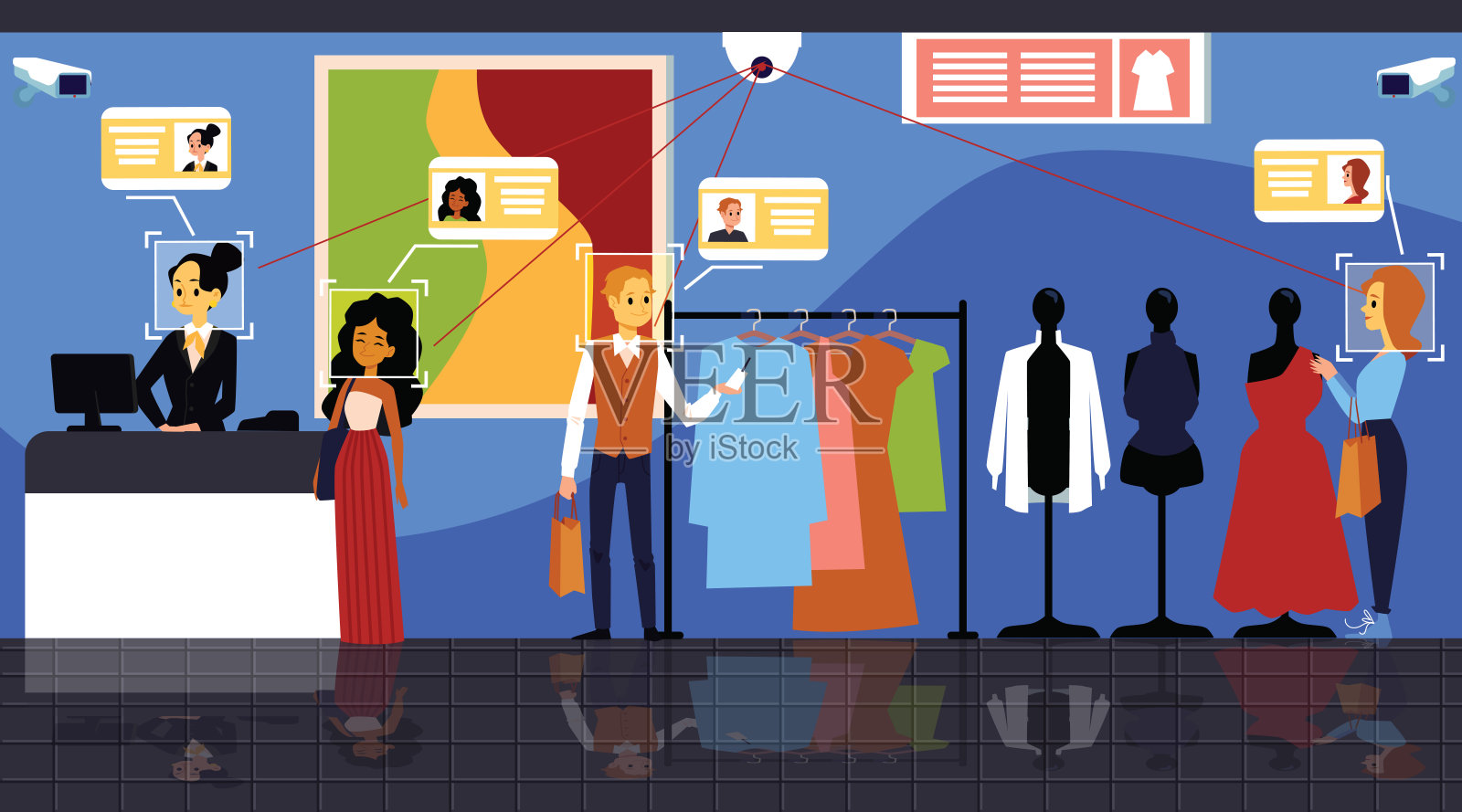 人脸生物识别系统扫描人平面矢量插图。插画图片素材