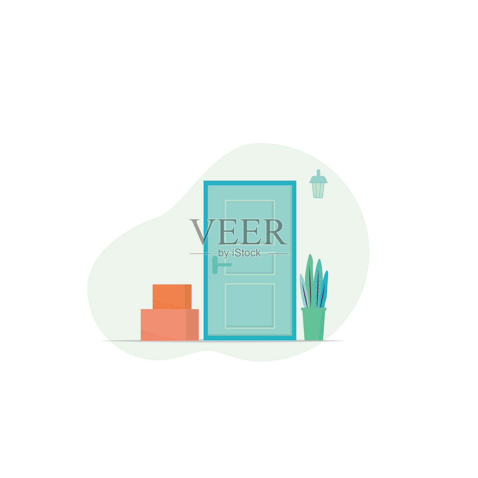 非接触式送货说明，前门和纸箱插画图片素材