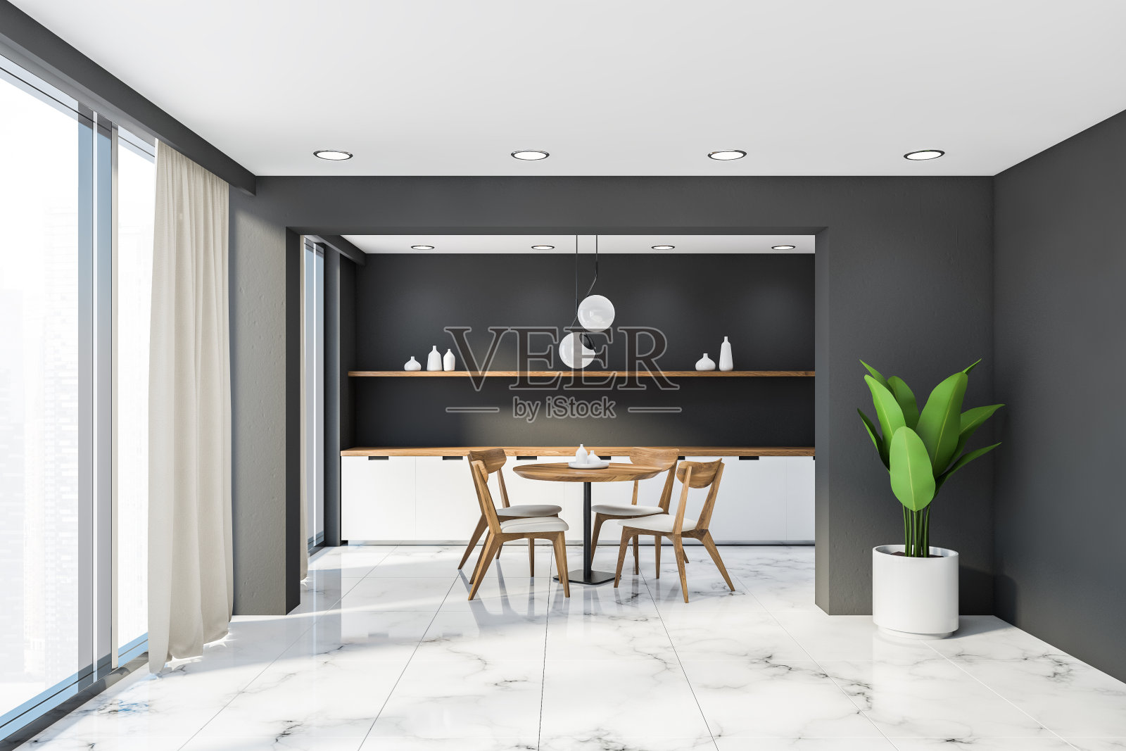 全景灰色厨房内部与圆桌照片摄影图片