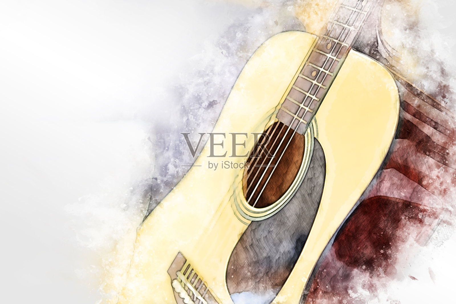 抽象的彩色形状上的原声吉他在前景上的水彩画背景和数字插图画笔艺术。插画图片素材