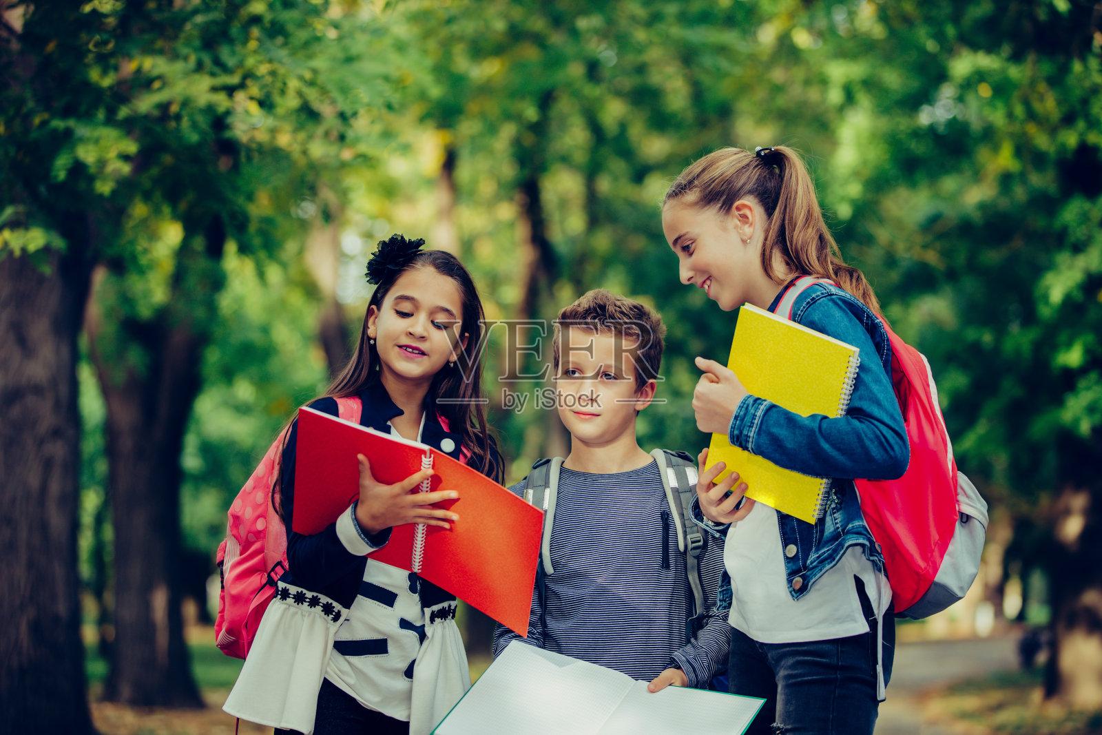 一群背着书包的孩子正在玩，聊天，看书。照片摄影图片