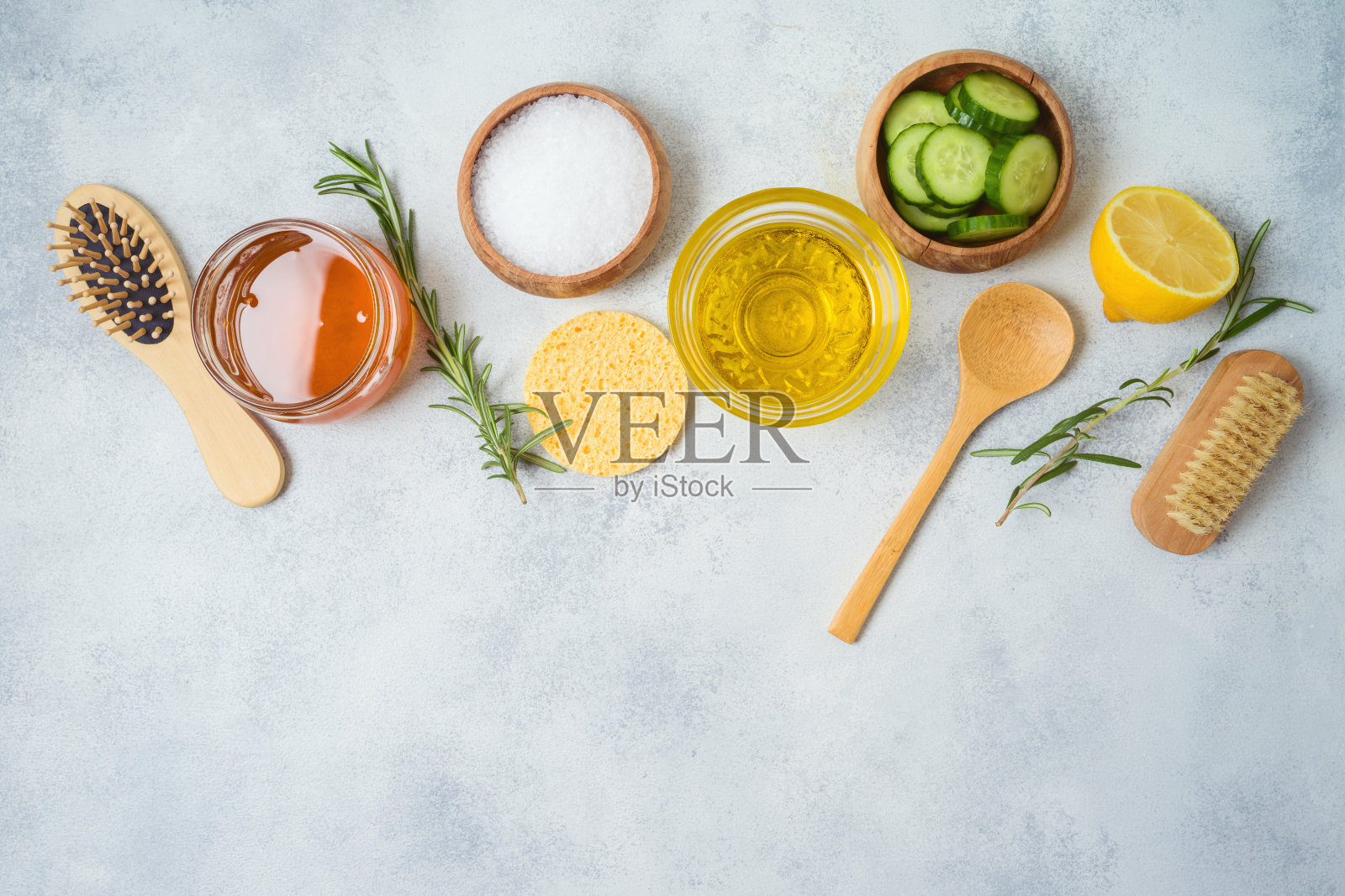 家庭水疗、面部和身体护理的自制美容产品概念。从上面俯视照片摄影图片