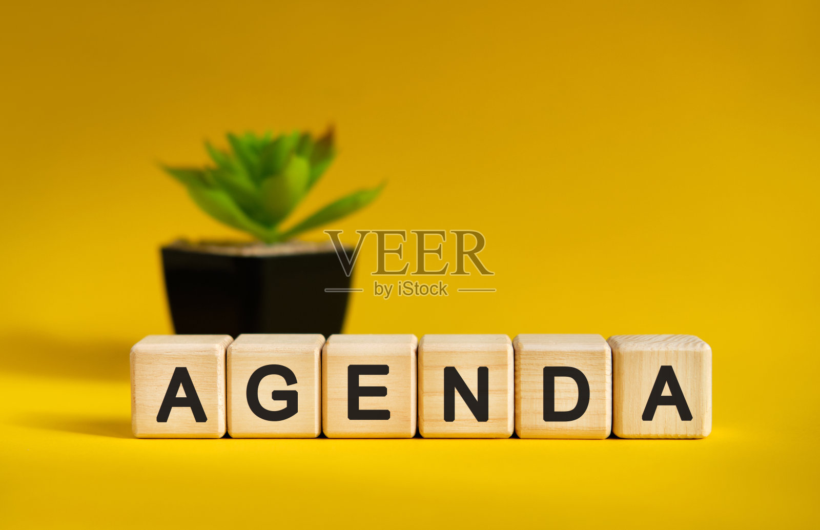 议程—黄色背景下的商业财务概念。木块和花盆里的花。照片摄影图片