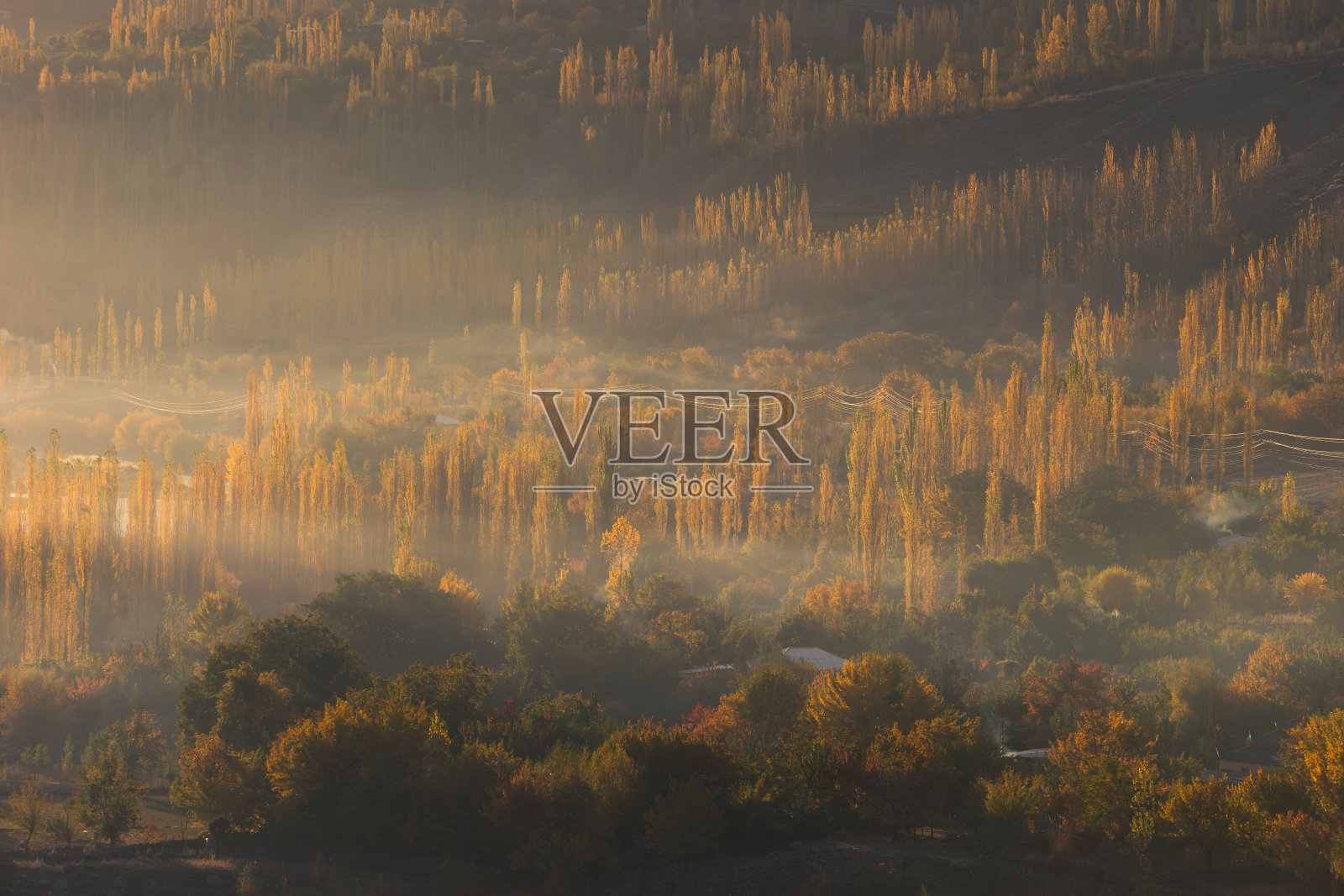 巴基斯坦北部吉尔吉特-巴尔蒂斯坦古皮斯山谷的秋日清晨日出照片摄影图片