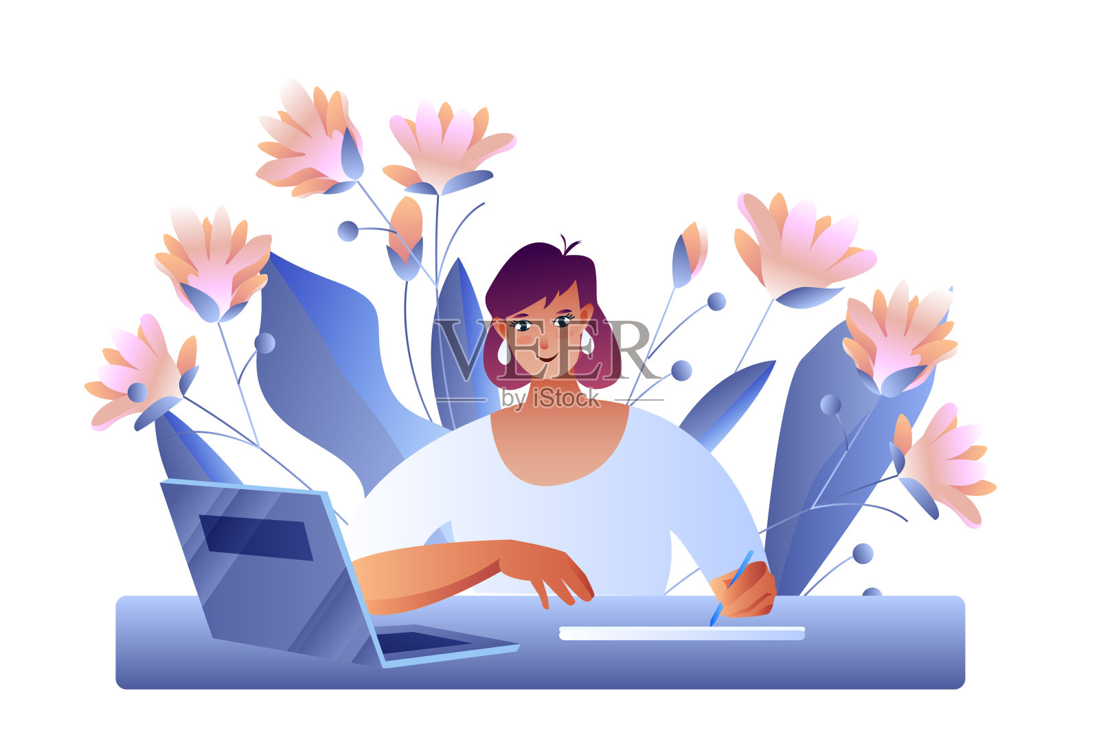 一个年轻女子在她的笔记本电脑前工作，上面画着粉色和蓝色的花。插画图片素材