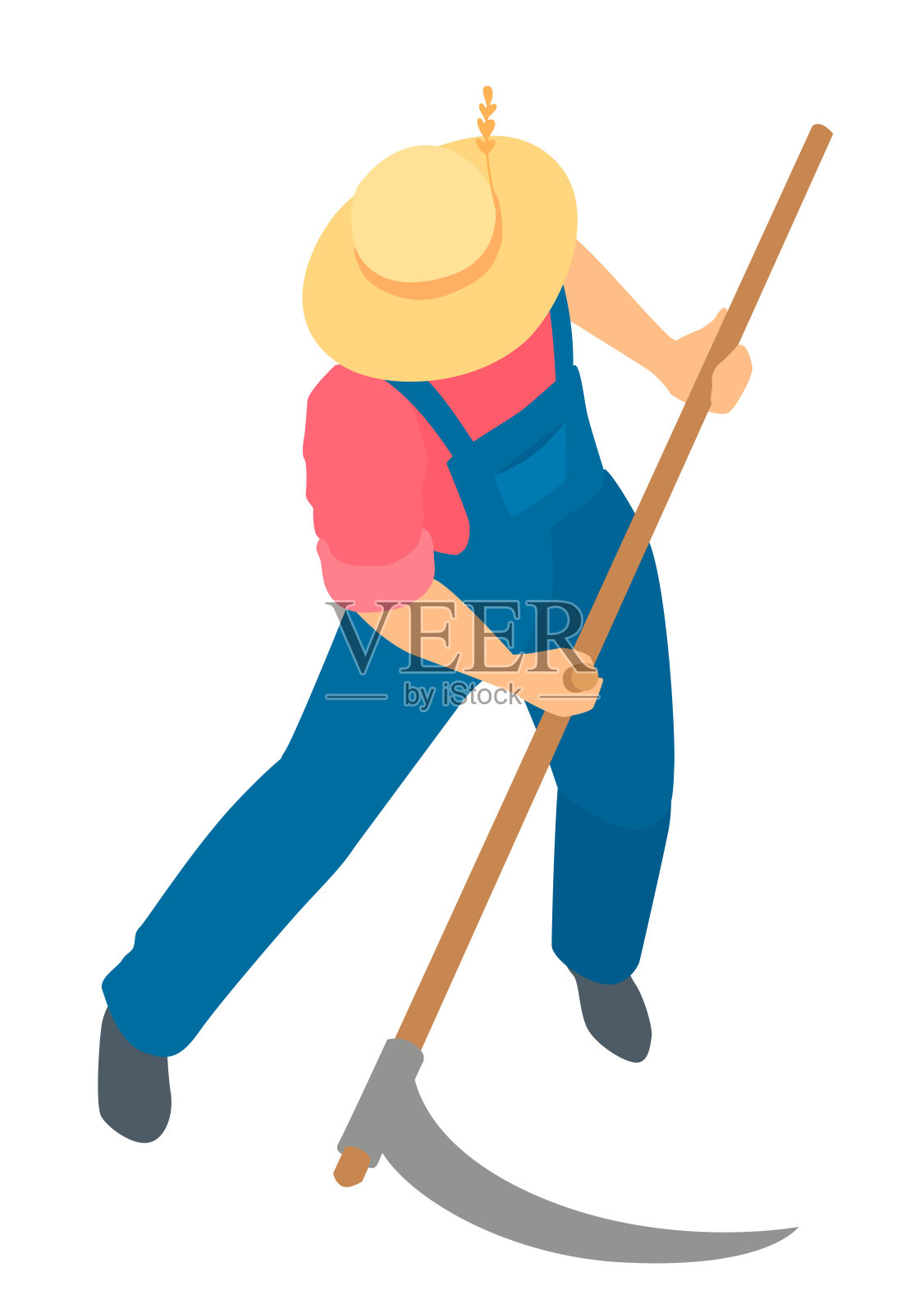 一个穿着工作服、戴着草帽的男人正在用一把大镰刀割草。插画图片素材