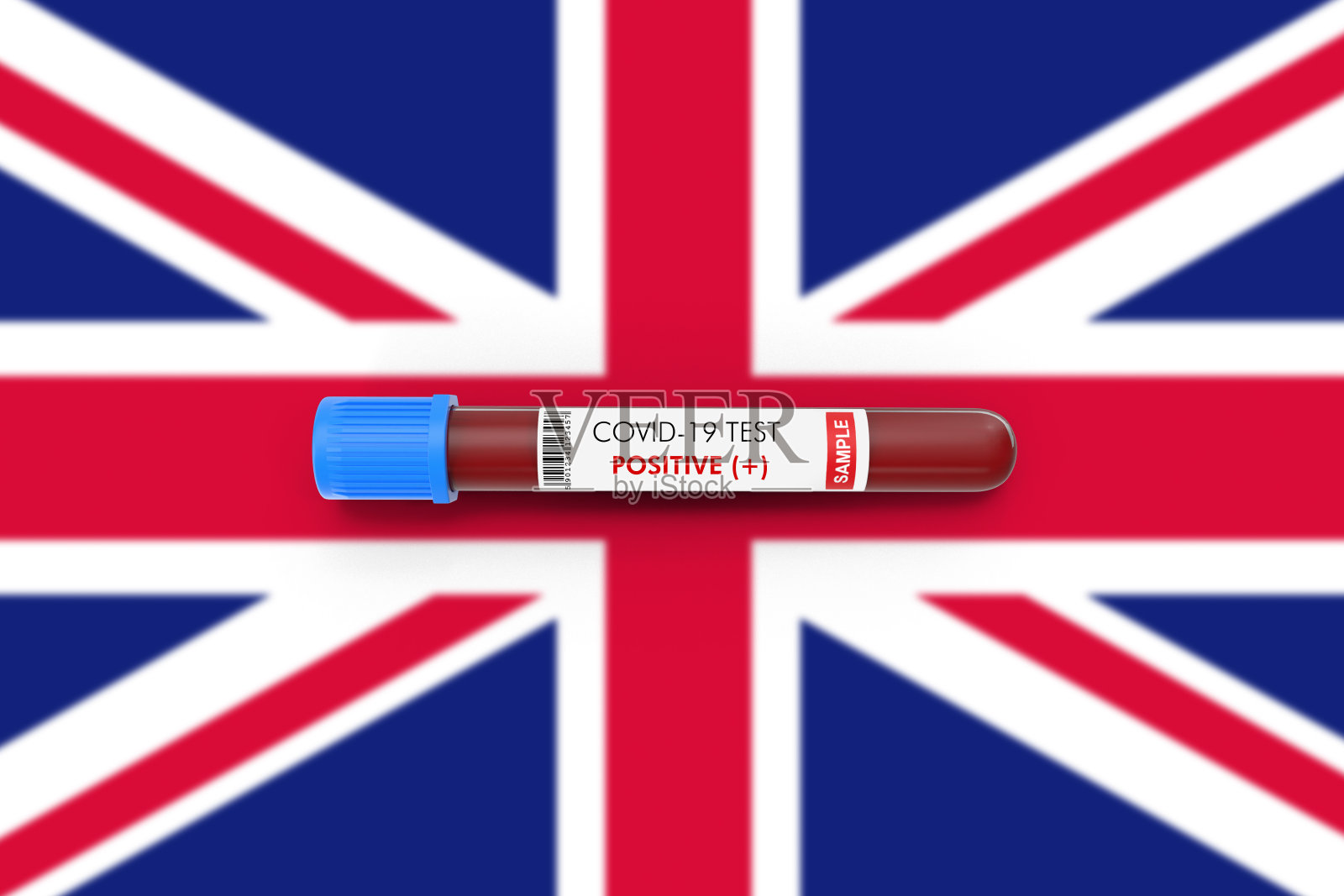 冠状病毒阳性试管和英国国旗。照片摄影图片