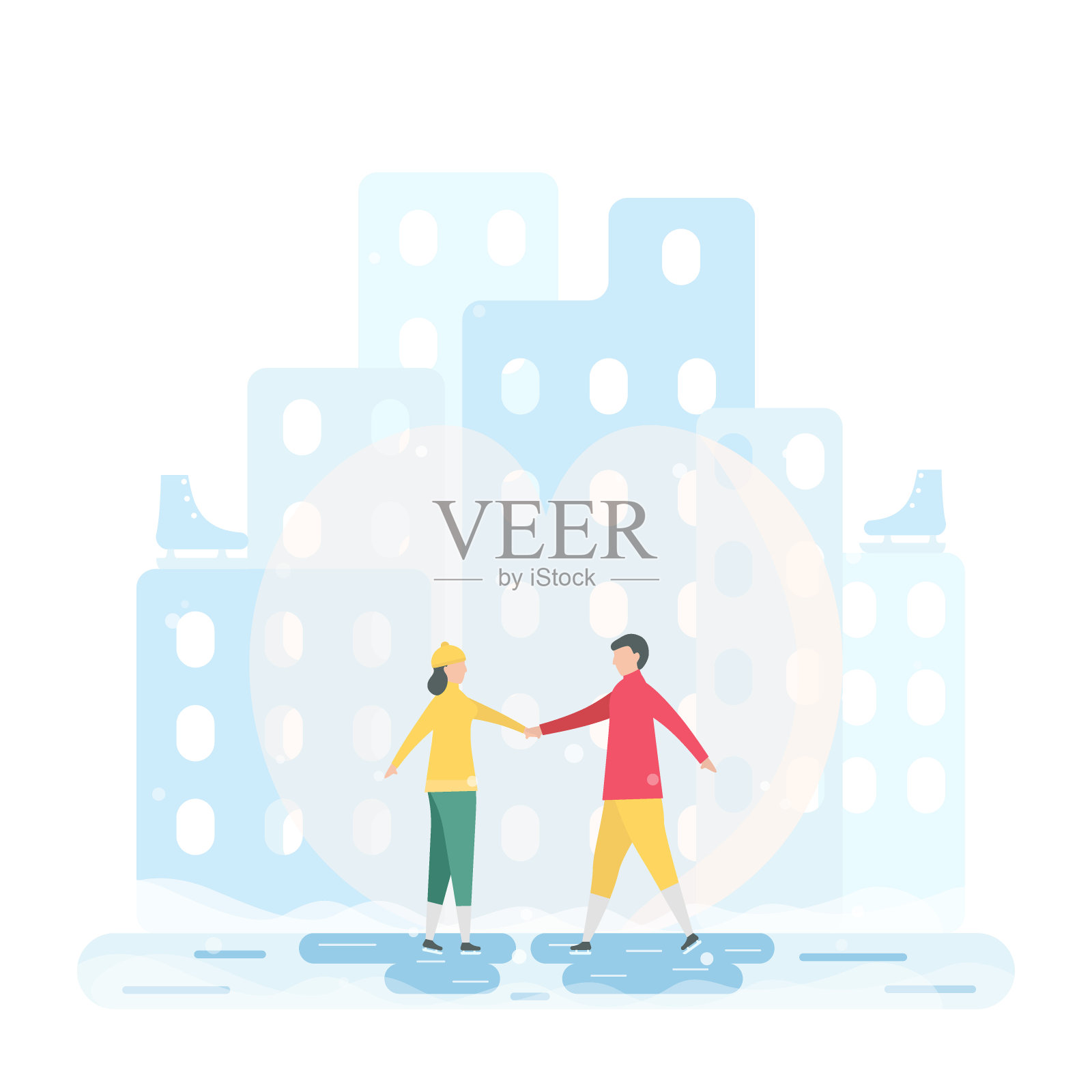 情人在滑冰。场景设计为冬季。矢量插图是平面风格。插画图片素材