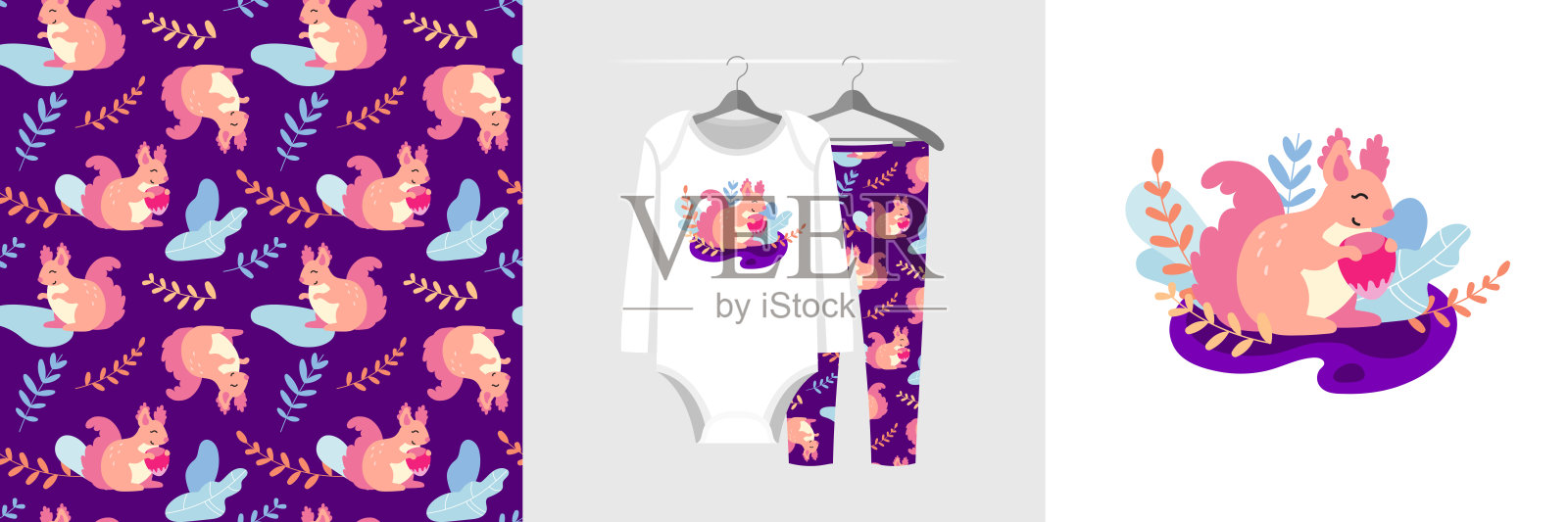 林业无缝模式和插画的一个孩子与松鼠插画图片素材