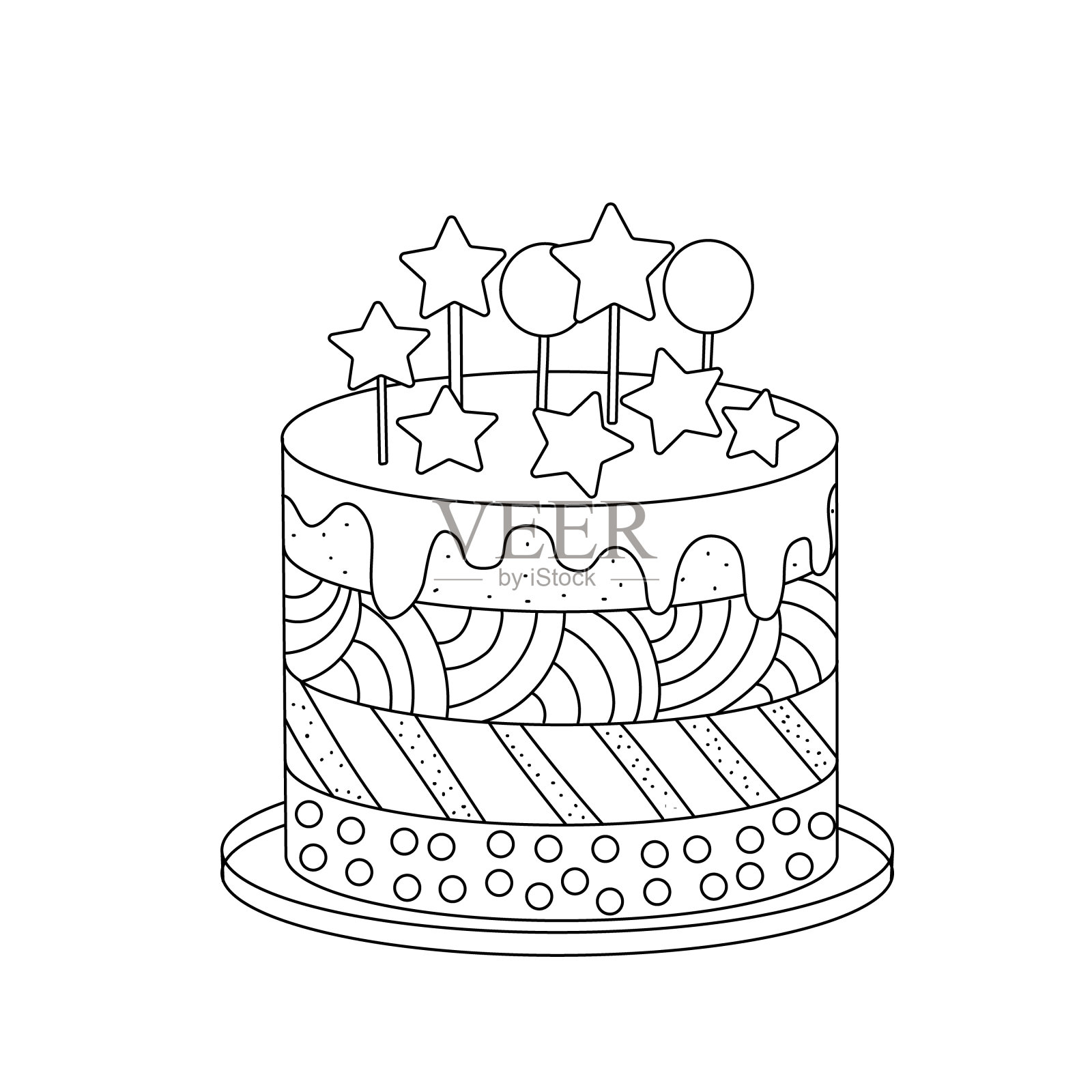 一个简单的蛋糕，有装饰，层次，装饰。手绘矢量插图，黑白线，涂鸦，素描。可爱的儿童涂色书。插画图片素材